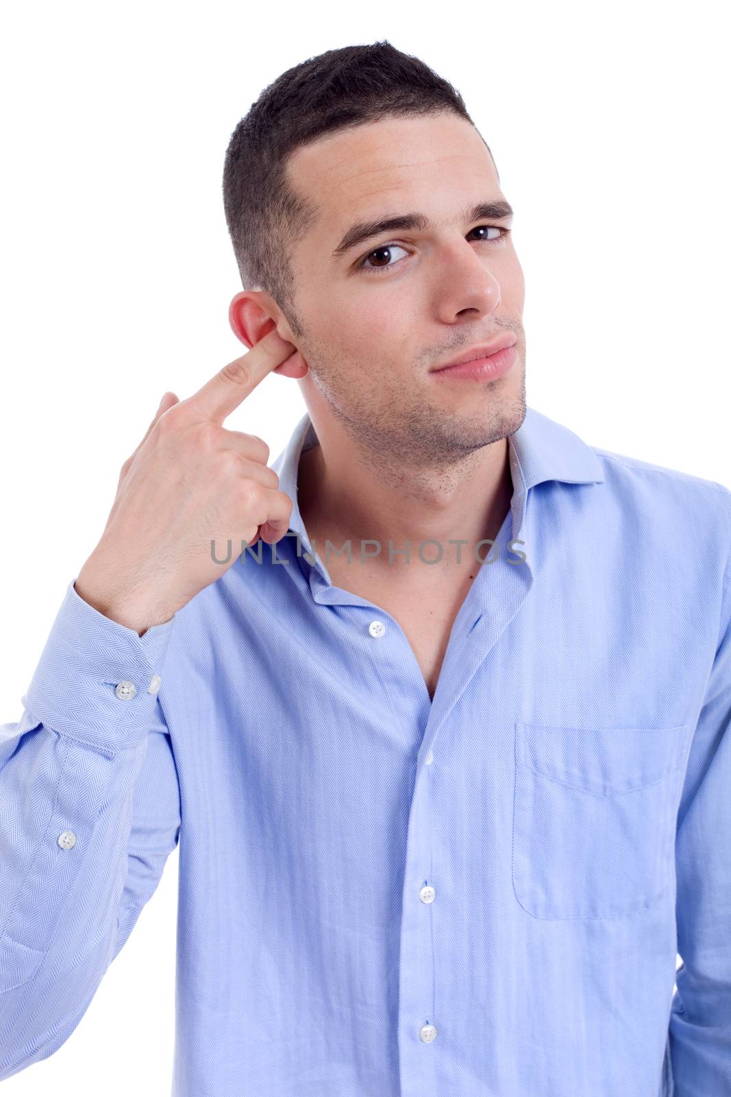 pensive young casual man portrait, isolated on white