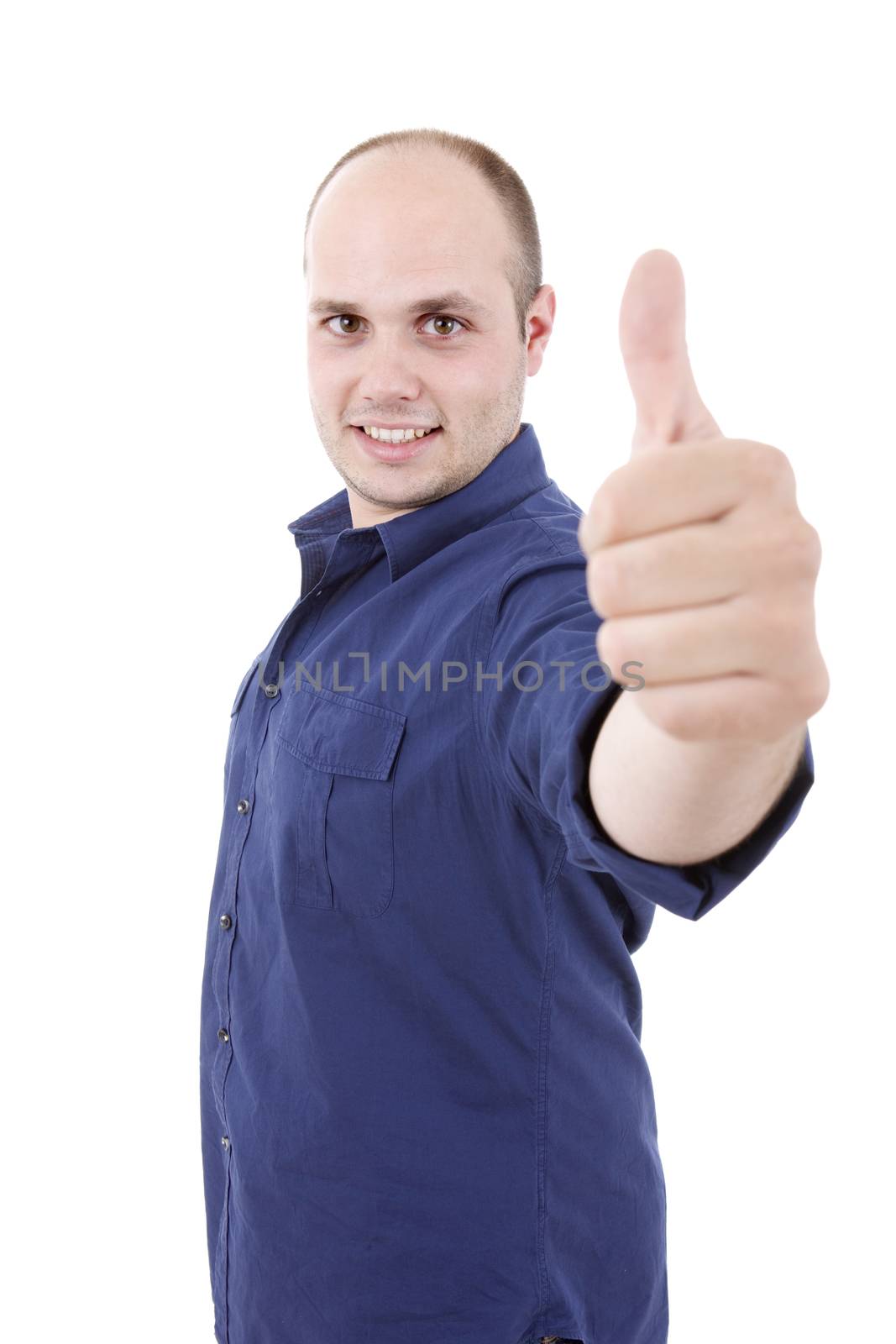 young casual man going thumb up, isolated on white