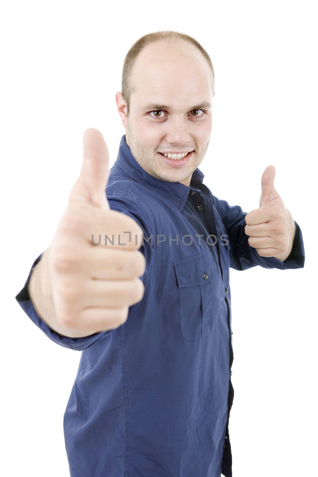 young casual man going thumb up, isolated on white