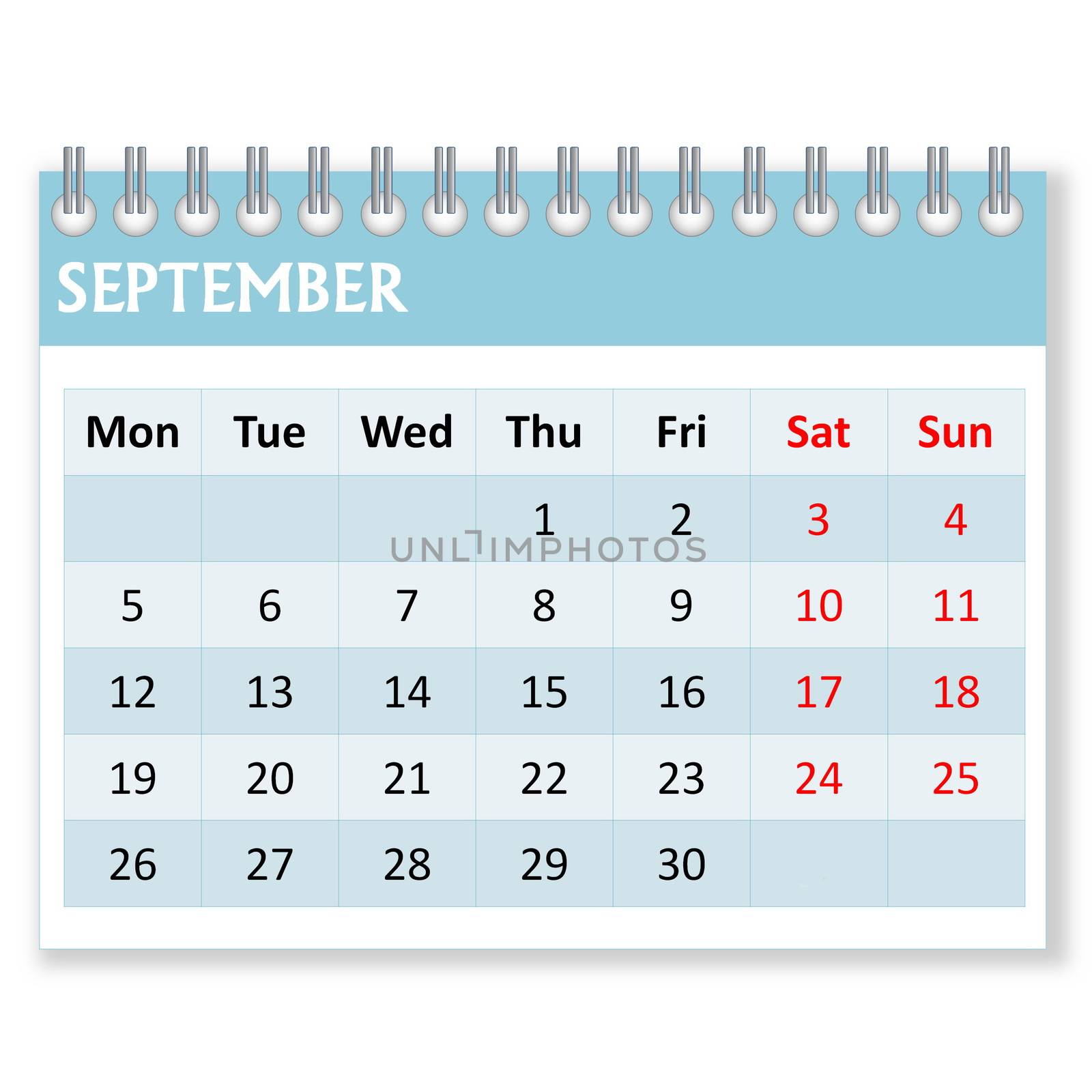 Calendar sheet for september month in white background, week starts from monday