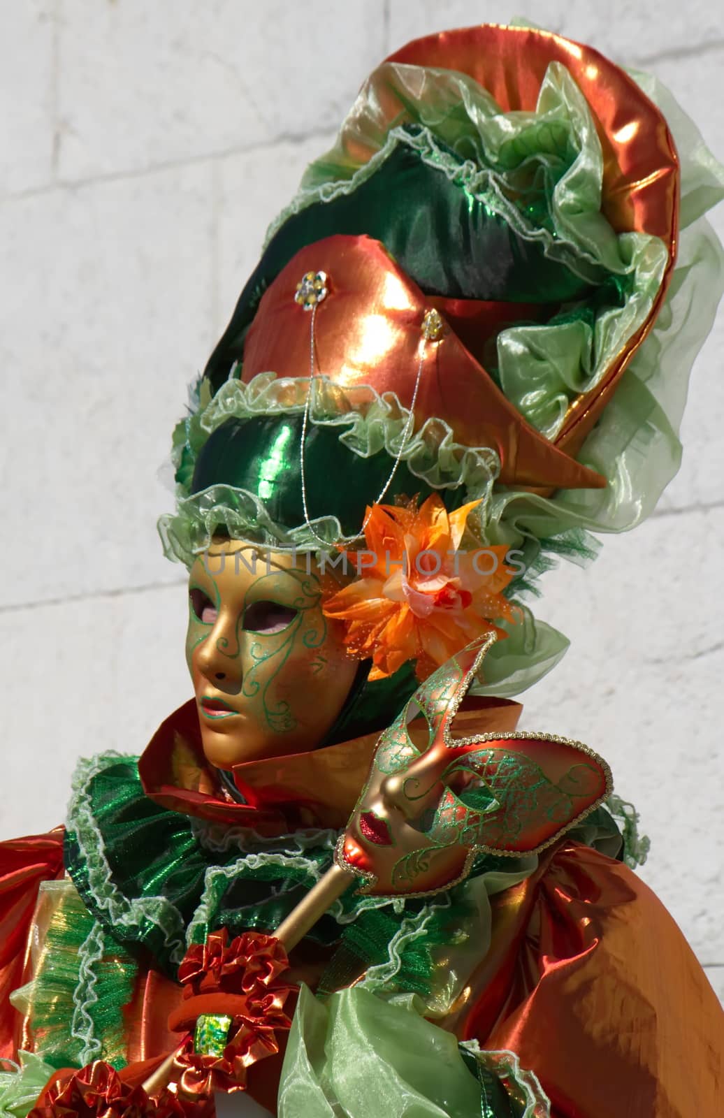 Red and green person with big hat holding a mask in hand at the 2014 Annecy venetian carnival, France
