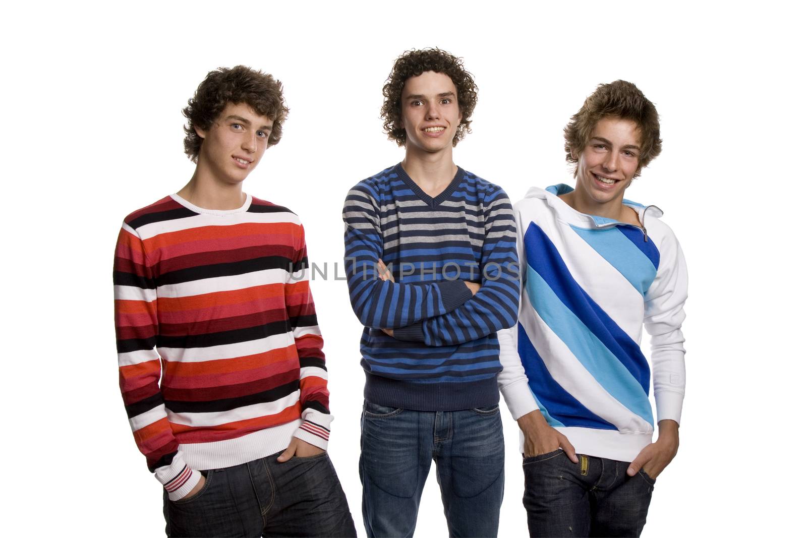 three young men standing, on a white background