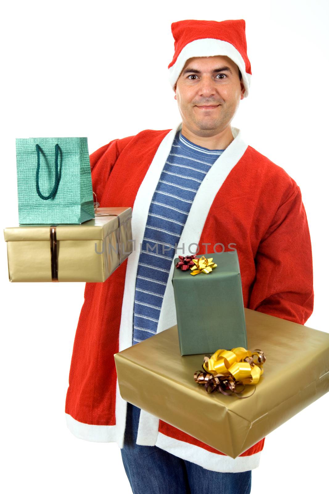 young man with santa hat holding some gifts, isolated