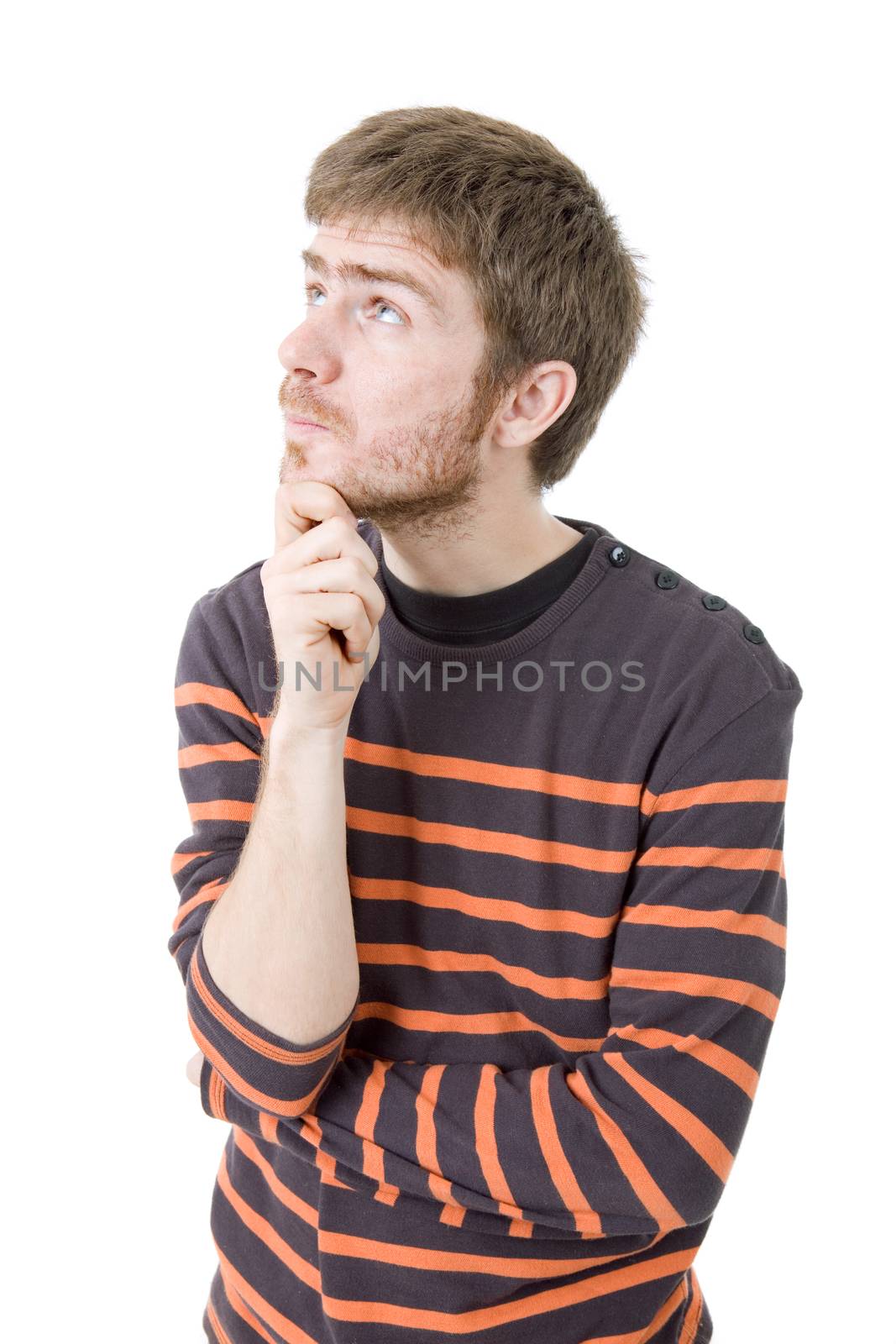 pensive young casual man portrait, isolated on white