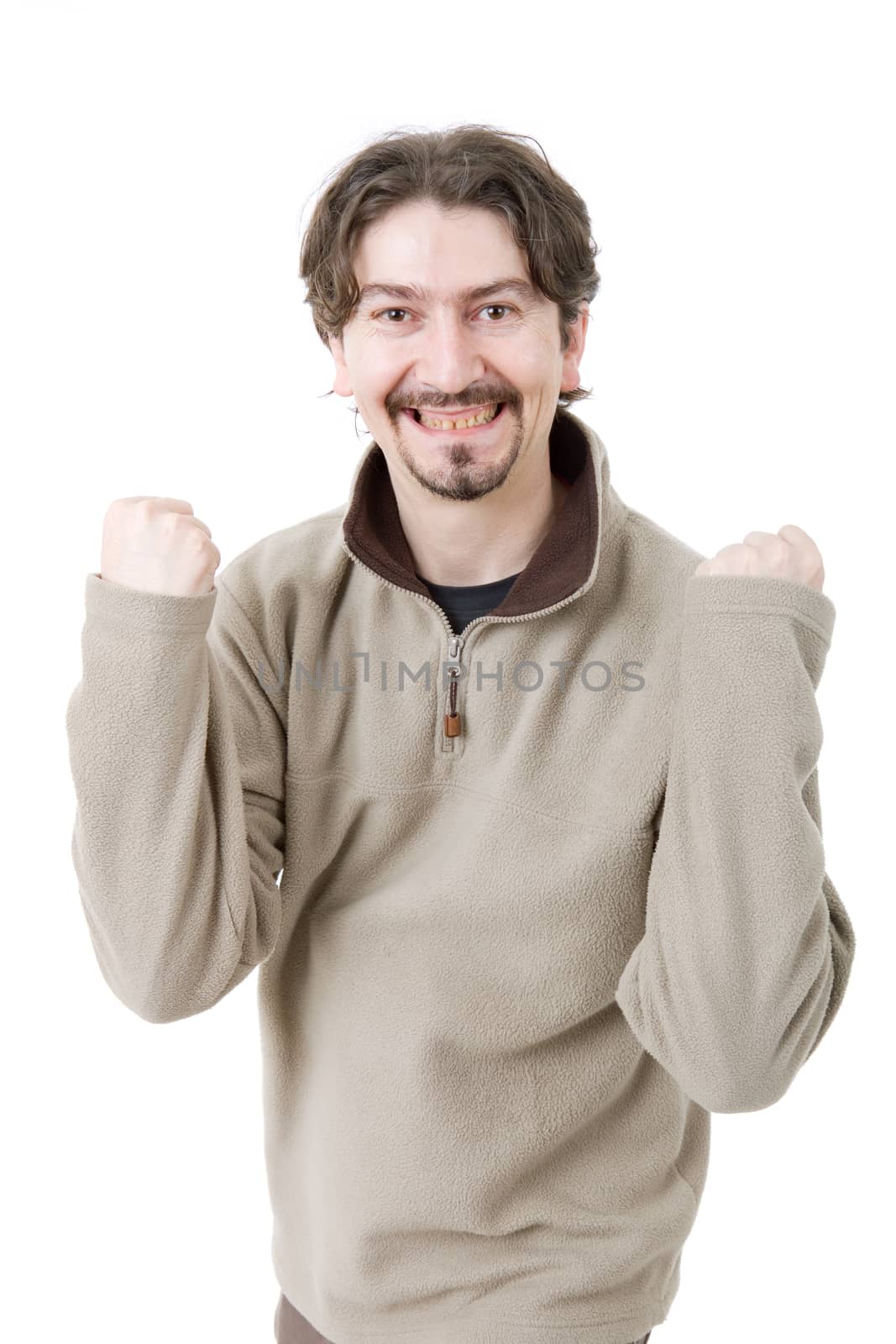 happy young man winning, isolated on white