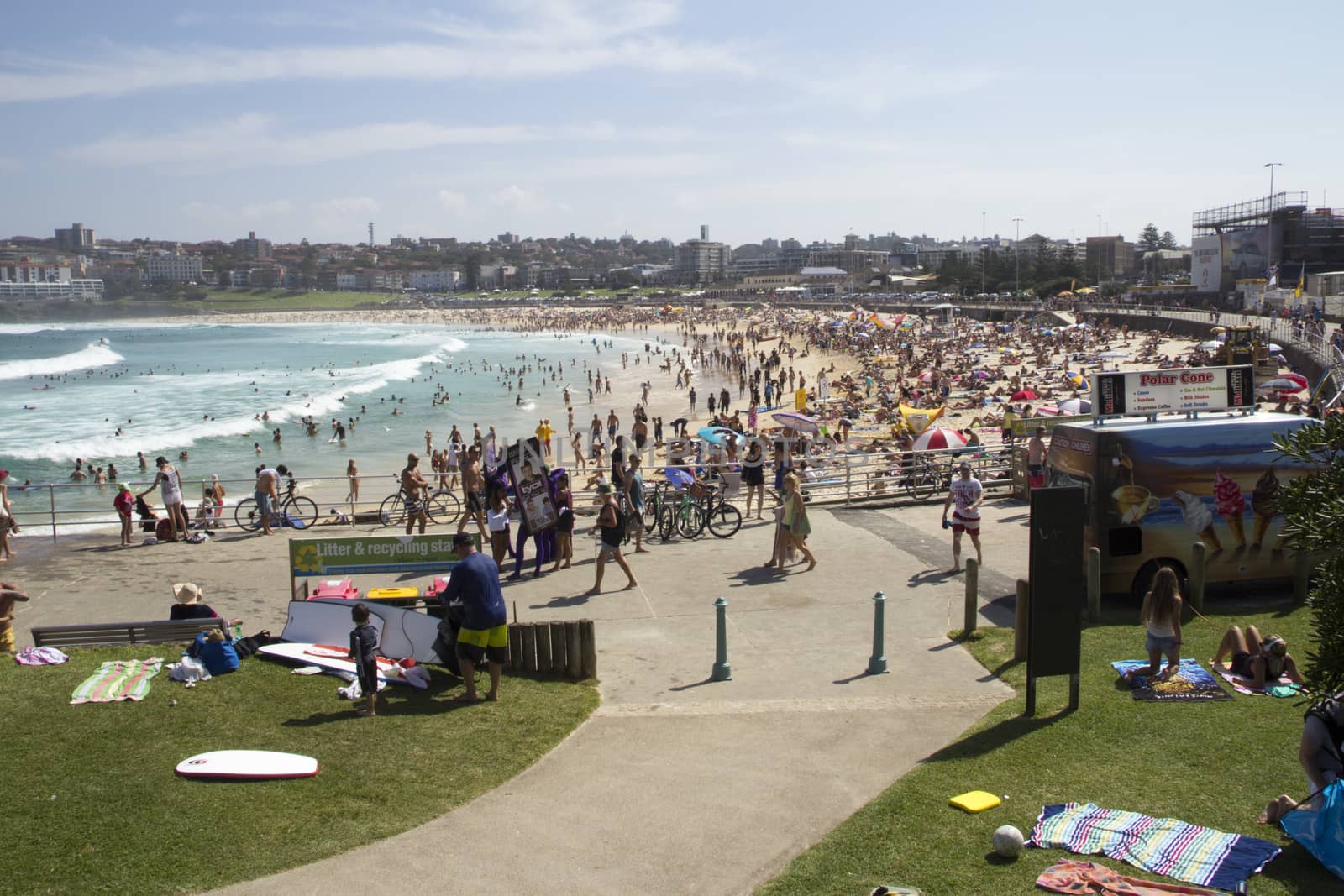 Sydney, Australia-March 16th 2013: Bondi Beach viewed from the north on a busy holiday weekend. The beach is one of Australia's most famous and is listed in the Australian National Heritage List.