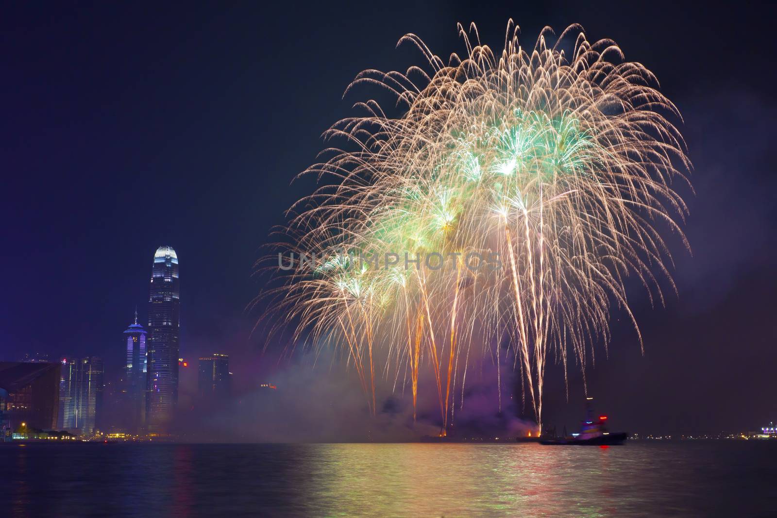 HONG KONG - FEBRUARY 1, Hong Kong Chinese New Year Fireworks at Victoria Harbour, Hong Kong on 1 February, 2014. It is the celebration of year of horse and lasts for 30 minutes.
