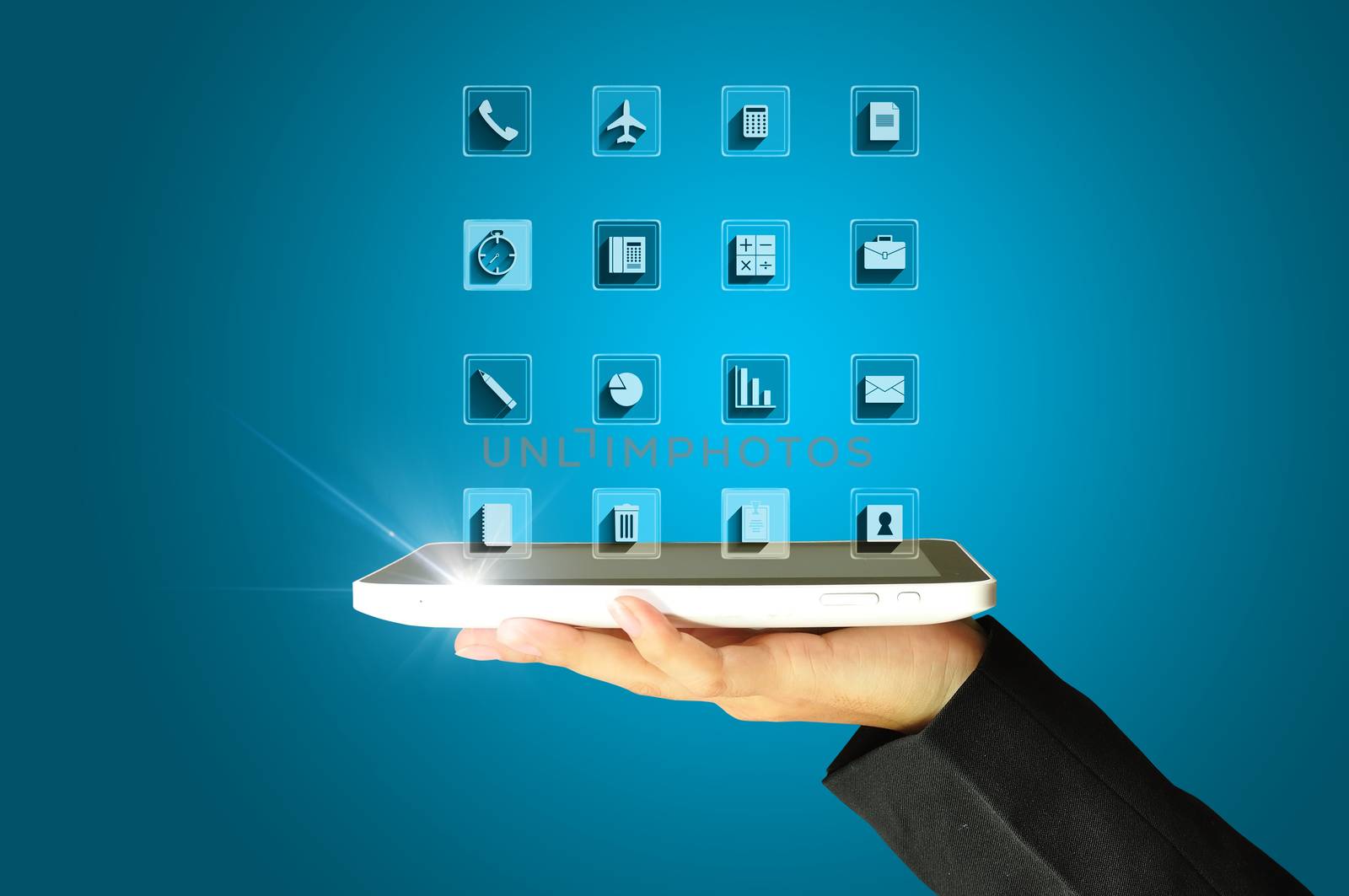 Woman hands holding tablet PC with application icons on blue background