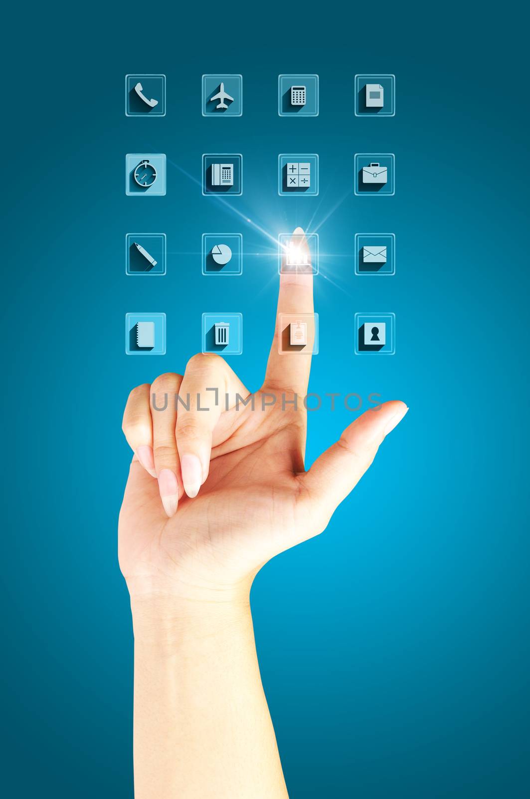 Hand of Business woman or female pressing modern icons with virtual background