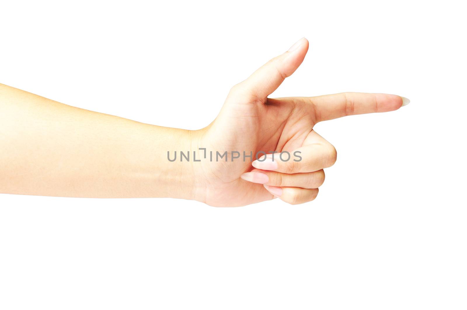 Female hand on white background pointing on touch screen