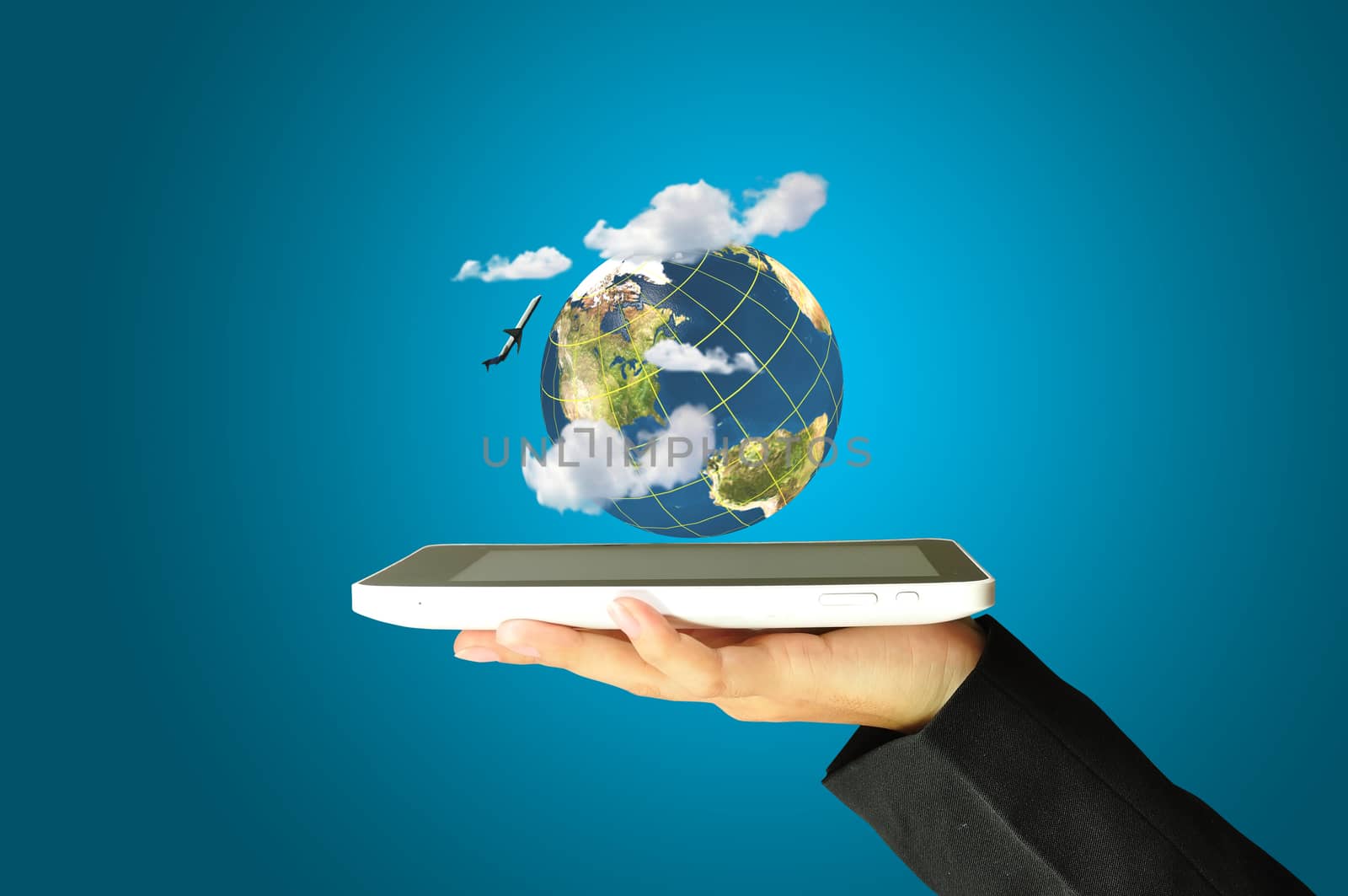 female hand holding a tablet touch computer gadget present earth globe and airplane as transportation concept