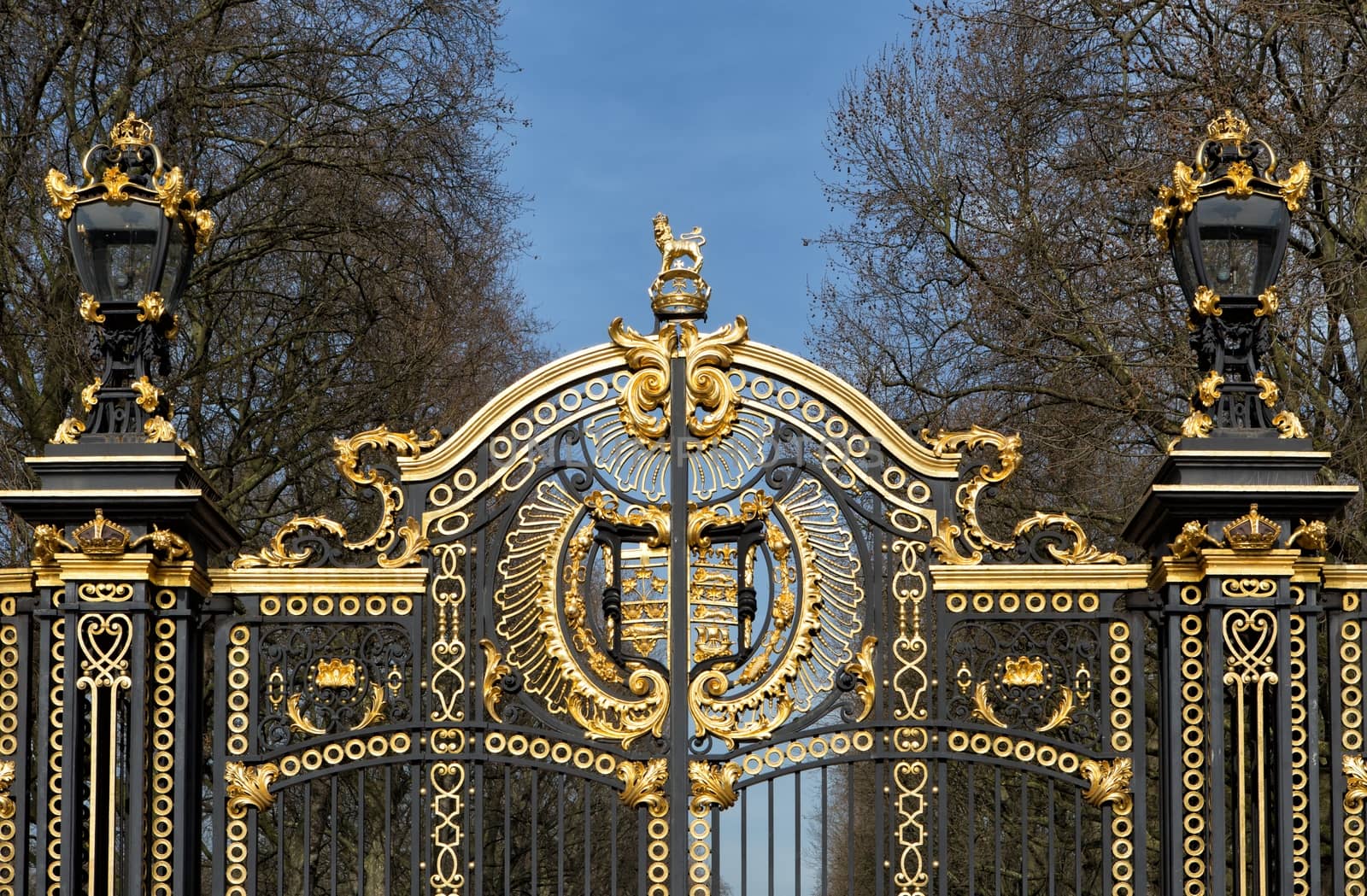 Metal gate of a park decorated with golden ornaments
