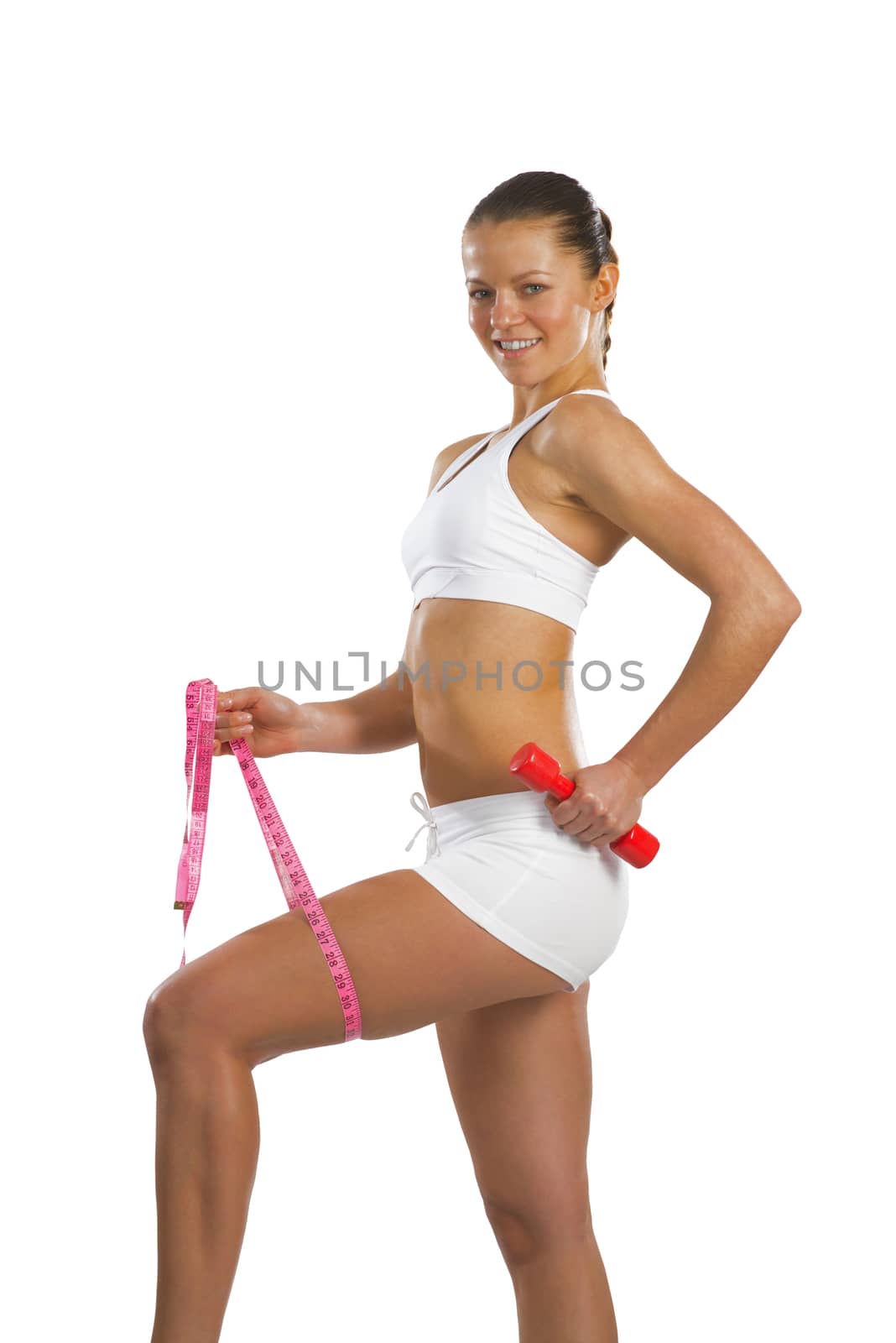 image of a young attractive woman with measuring tape and red dumbbells