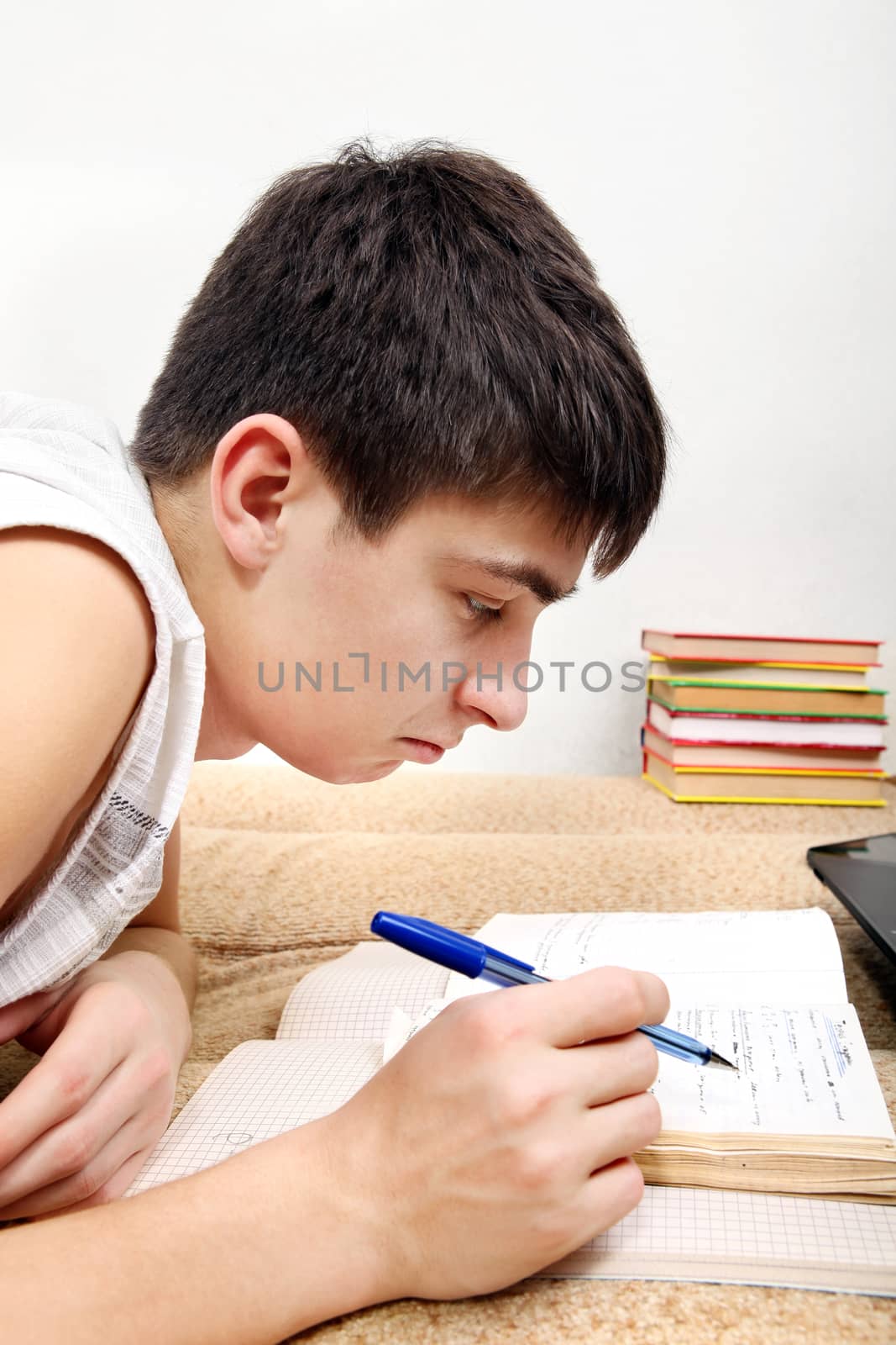 Side view of the Teenager doing Homework at the Home