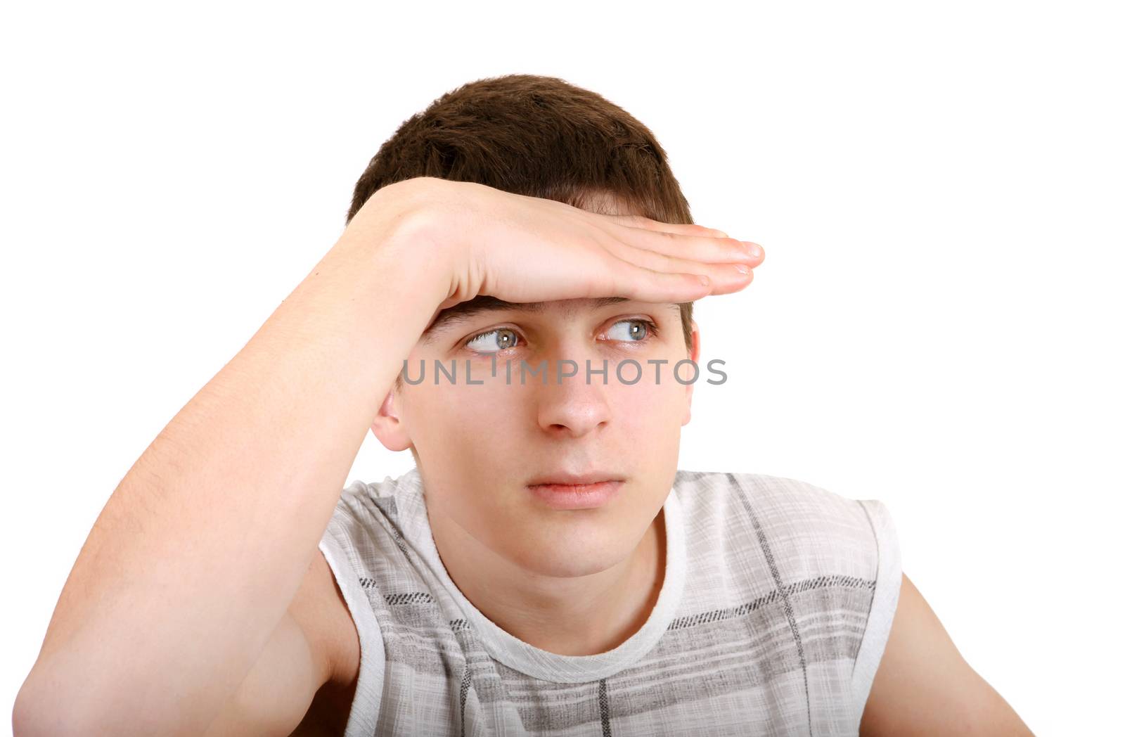 Teenager looking for someone Isolated on the White Background