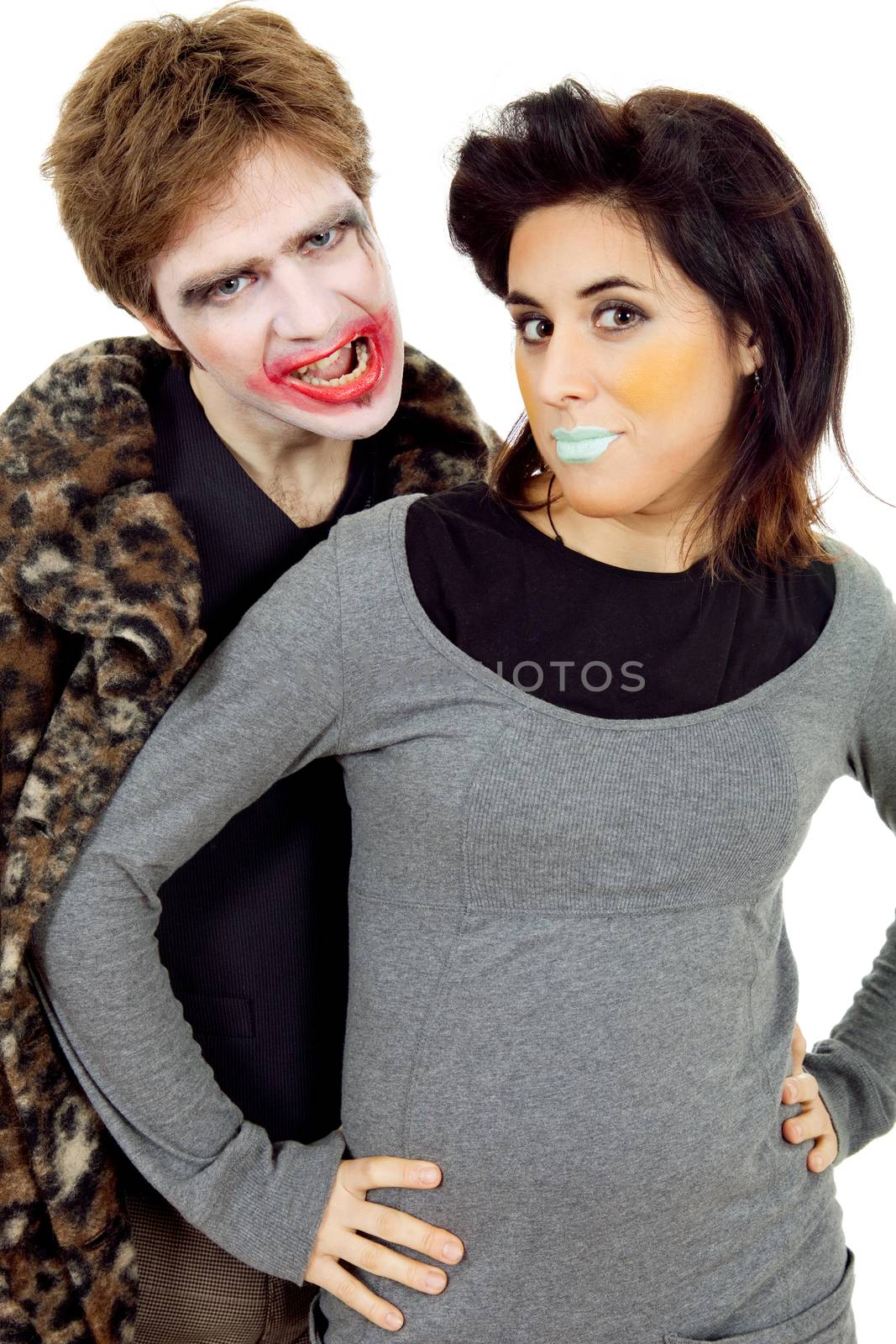 couple young people dressed as clowns, isolated