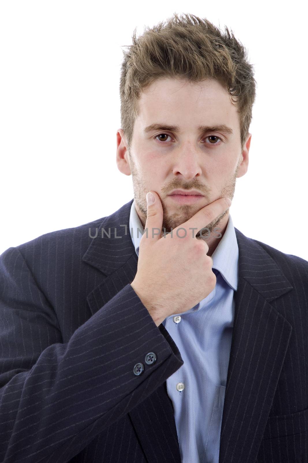 pensive young casual man portrait, isolated on white