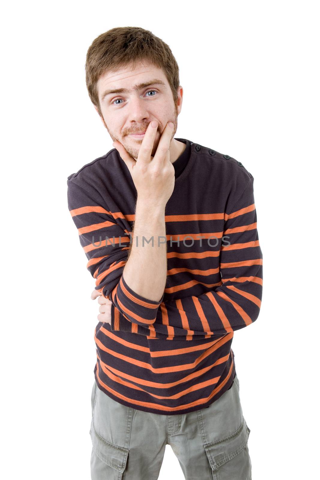 pensive young casual man portrait, isolated on white