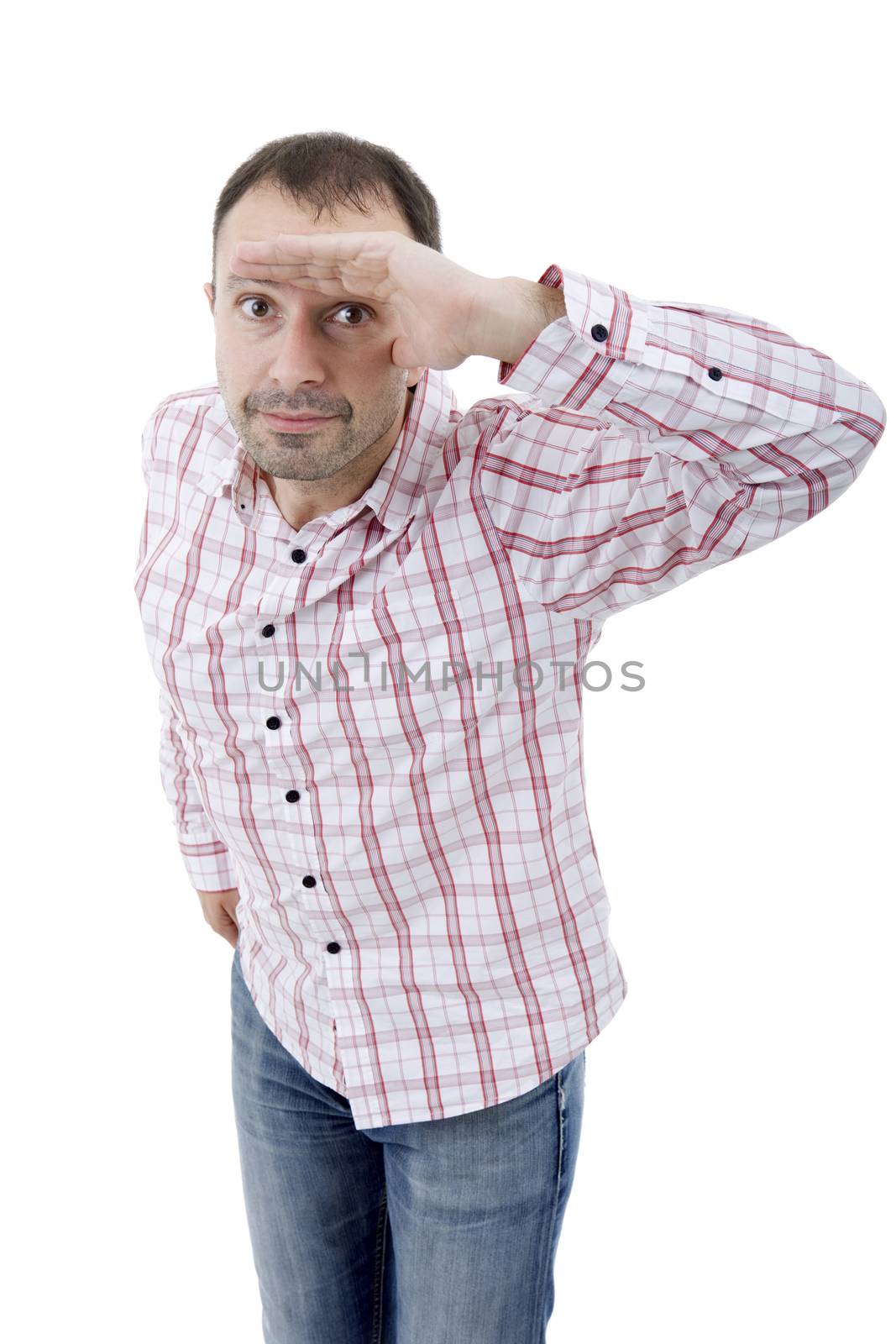 young casual man looking, isolated on white