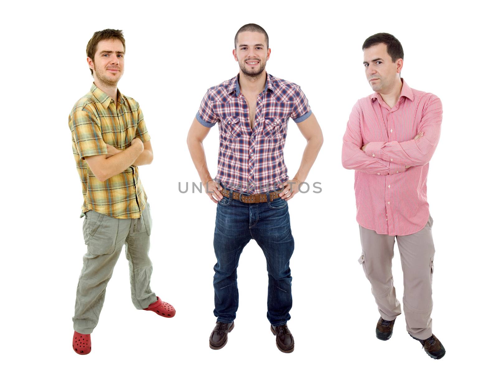 three young man full length, isolated on white