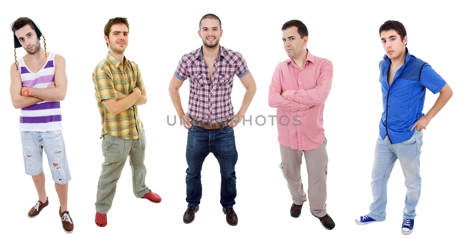 group of young men full body, isolated