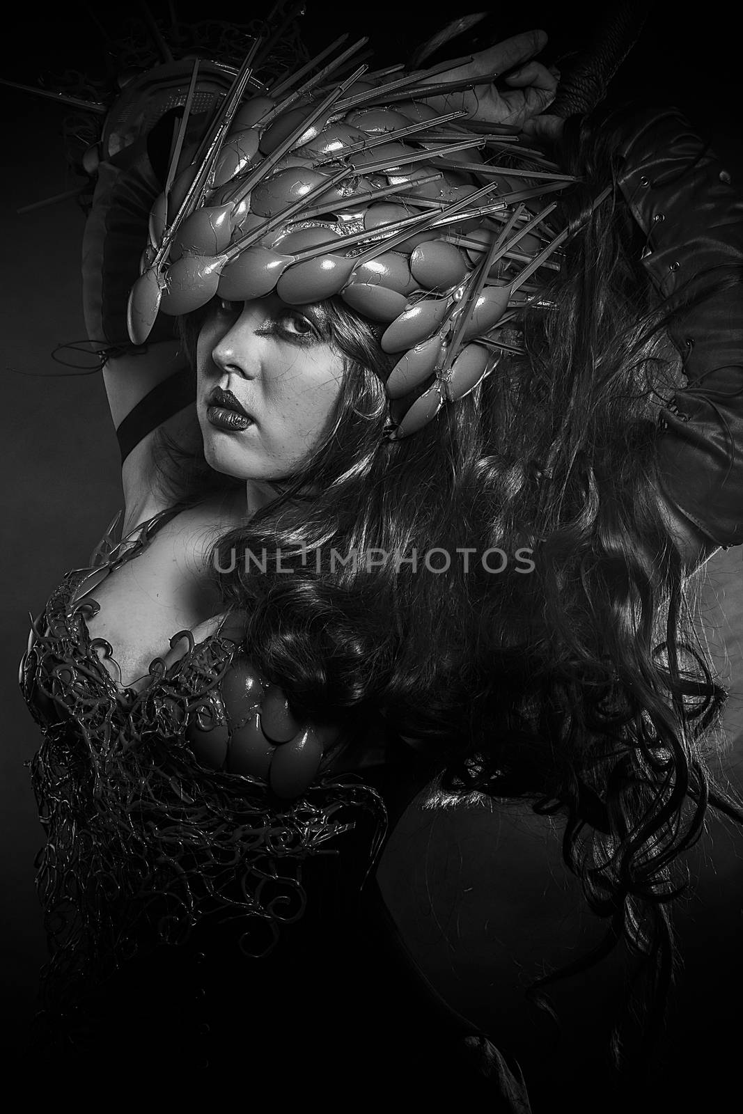 Steampunk, beautiful woman dressed in red armor dragon scales