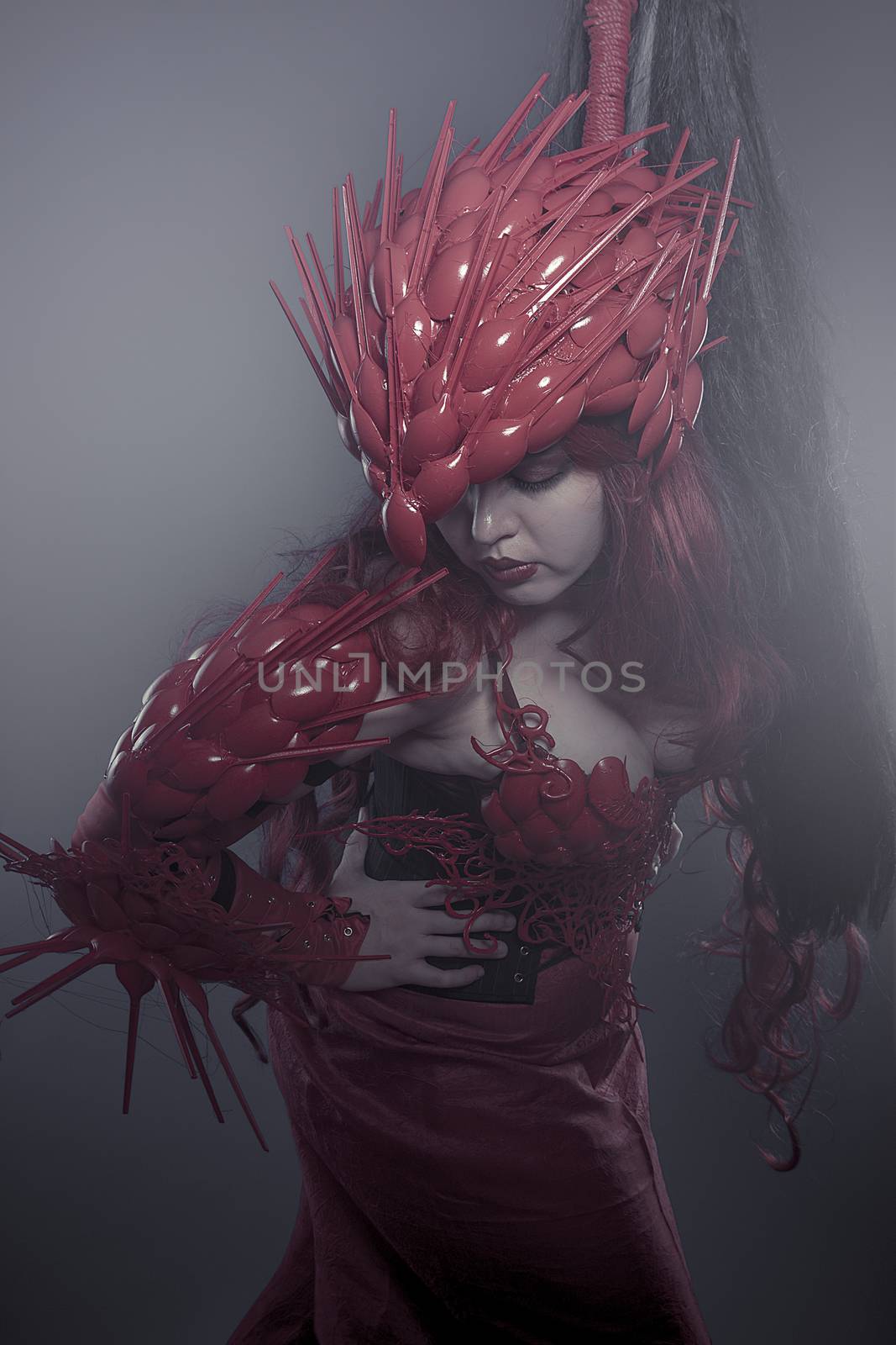 Steampunk, beautiful woman dressed in red armor dragon scales