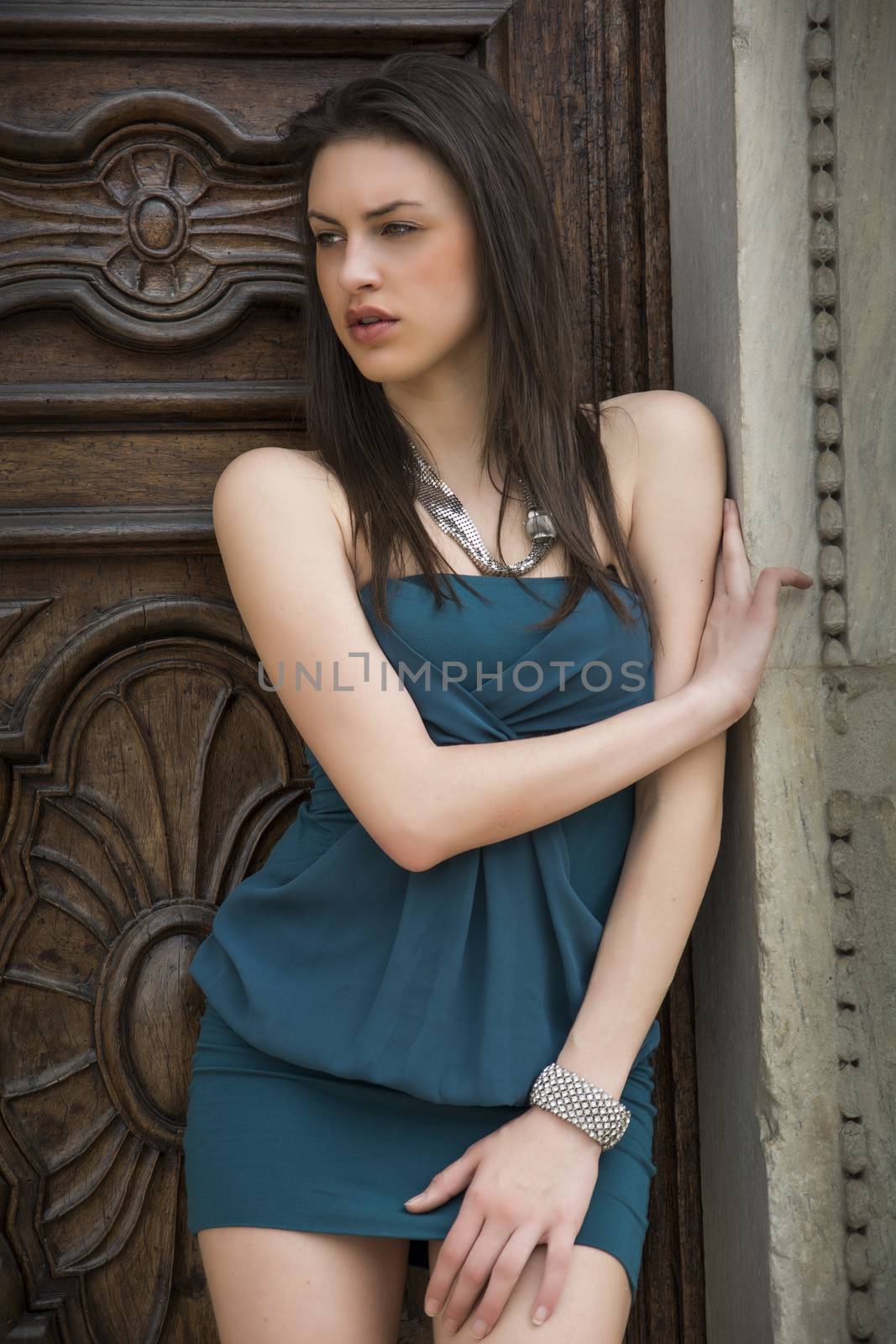 Pretty brunette girl outdoors with elegant dress by artofphoto