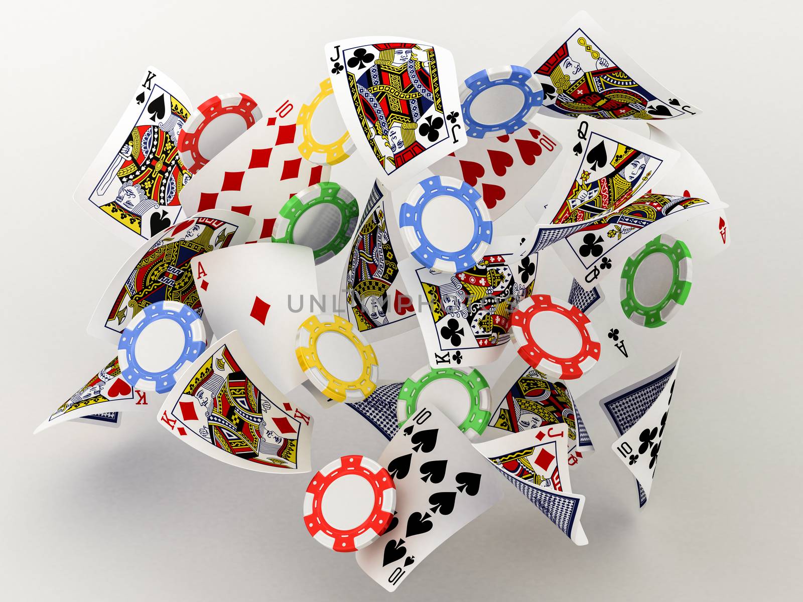 dice, chips and cards on a white background
