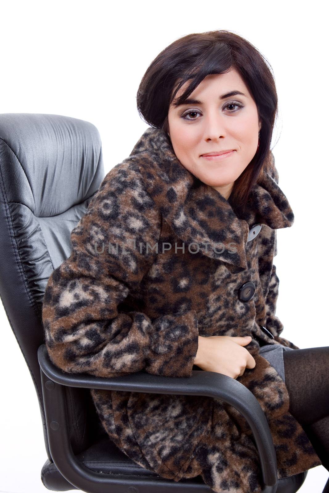 young beautiful woman on a chair, isolated in white