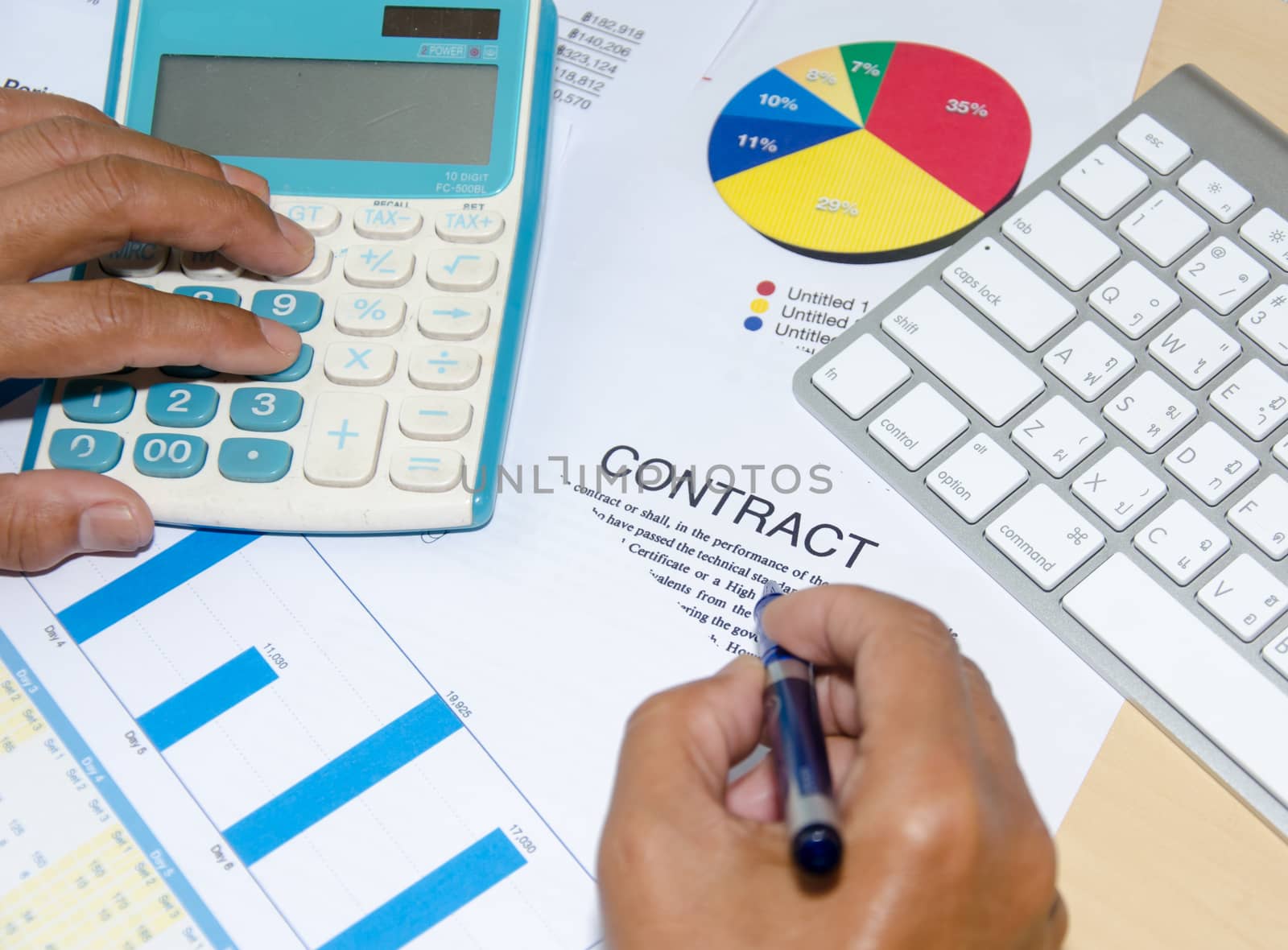 The contract documents and calculator at desk.