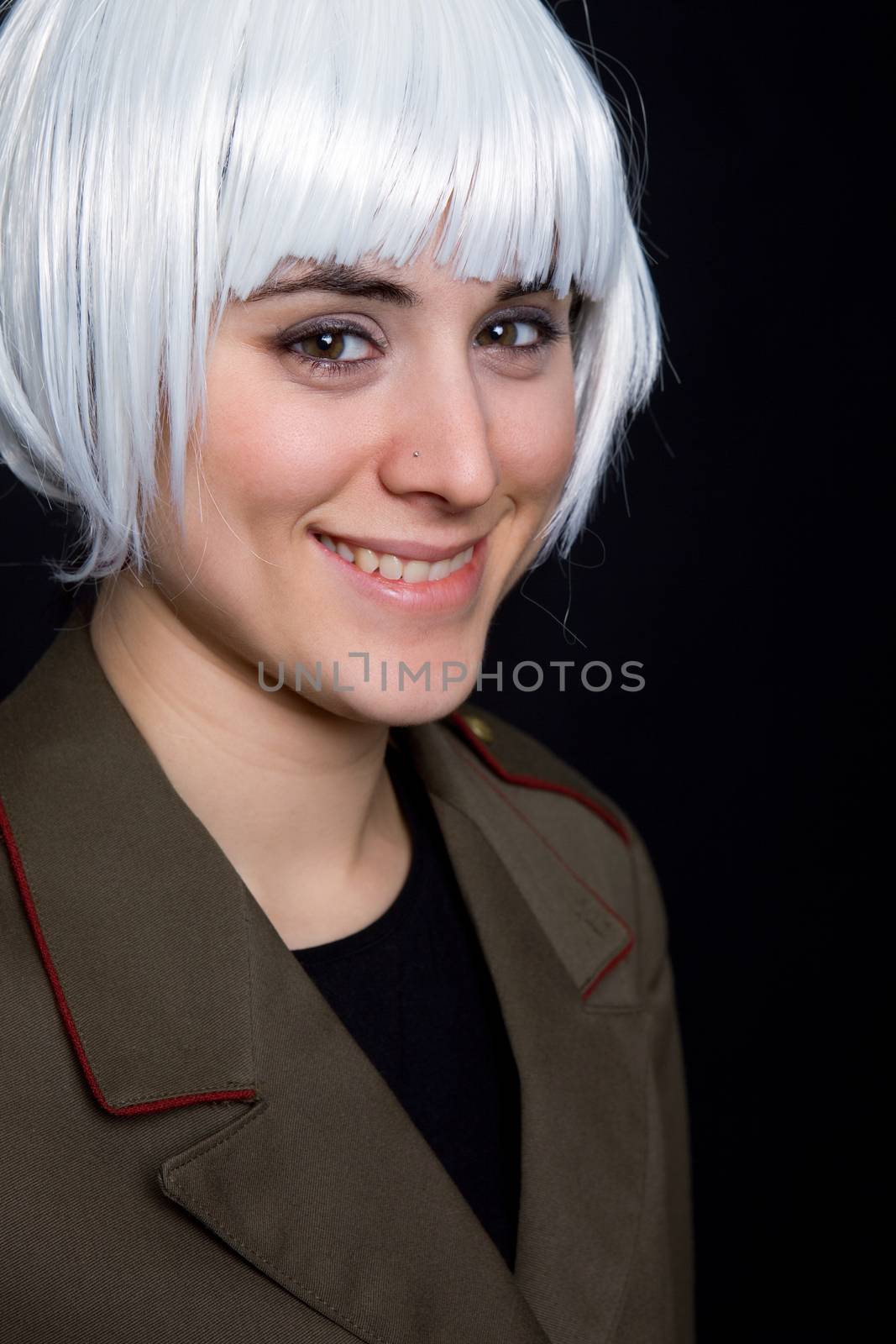 young woman with a russian army coat and a white wig