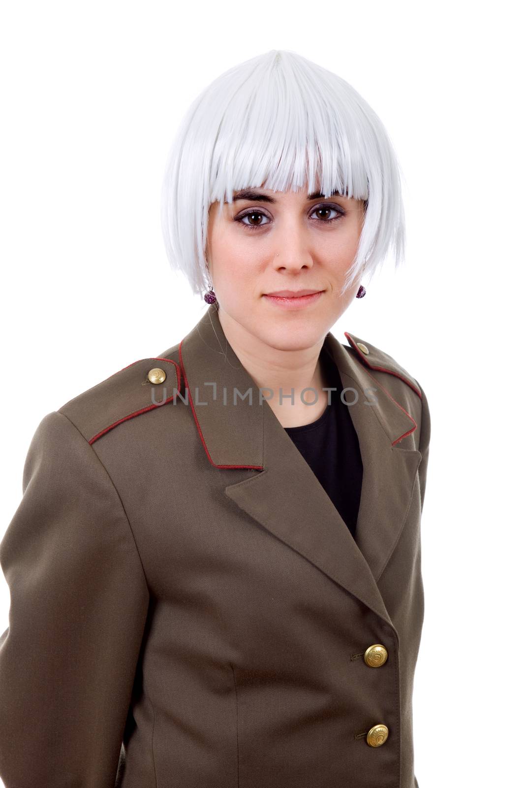 woman with a russian army coat and a white wig, isolated