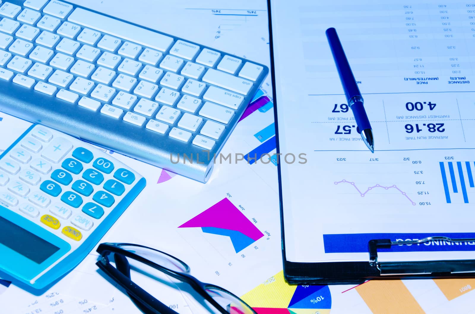 Clipboard and graph and calculator at desk.