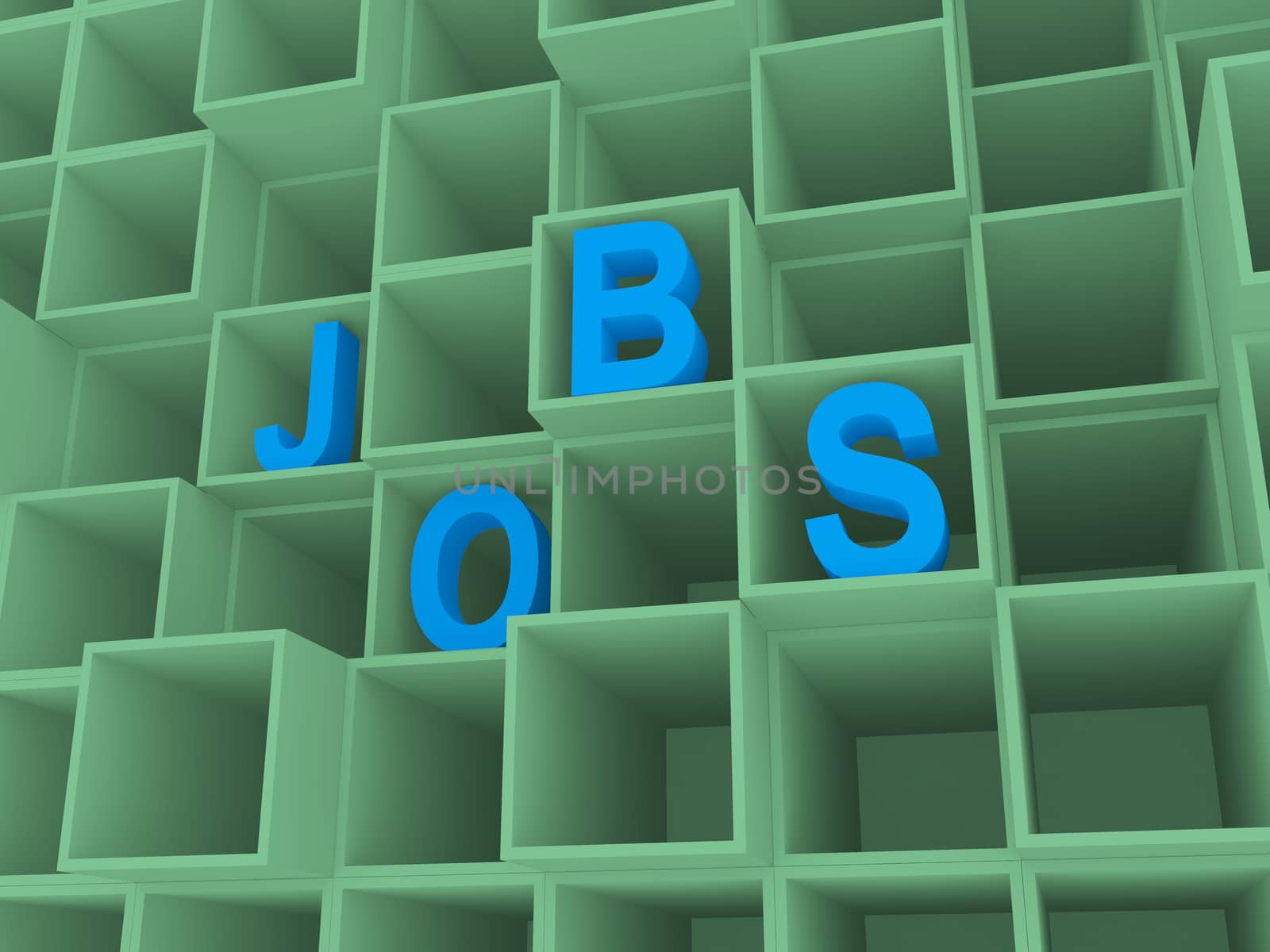 3d jobs text in open wooden boxes, career concept background