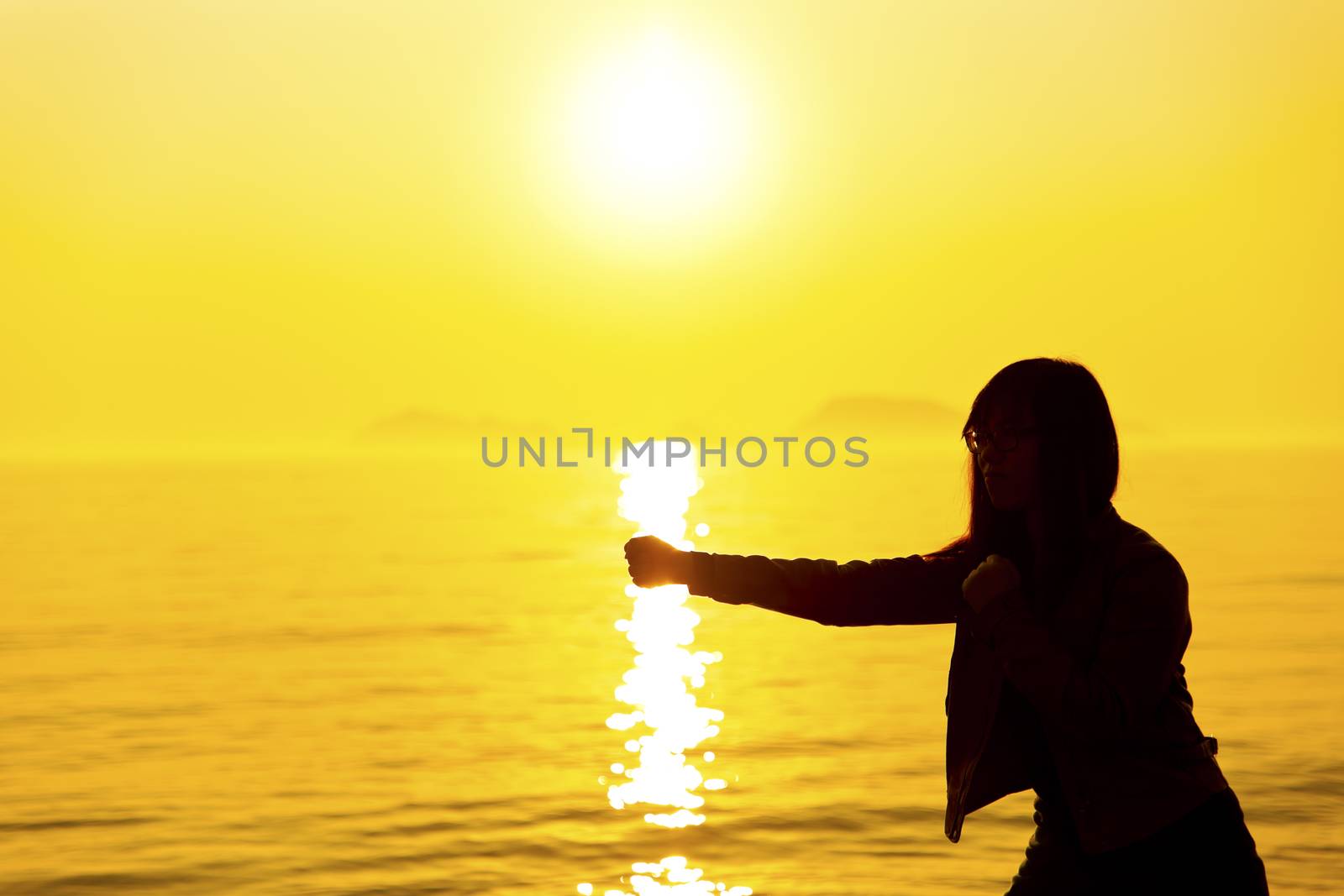 Silhouette of the boxing girl exercising at sunset