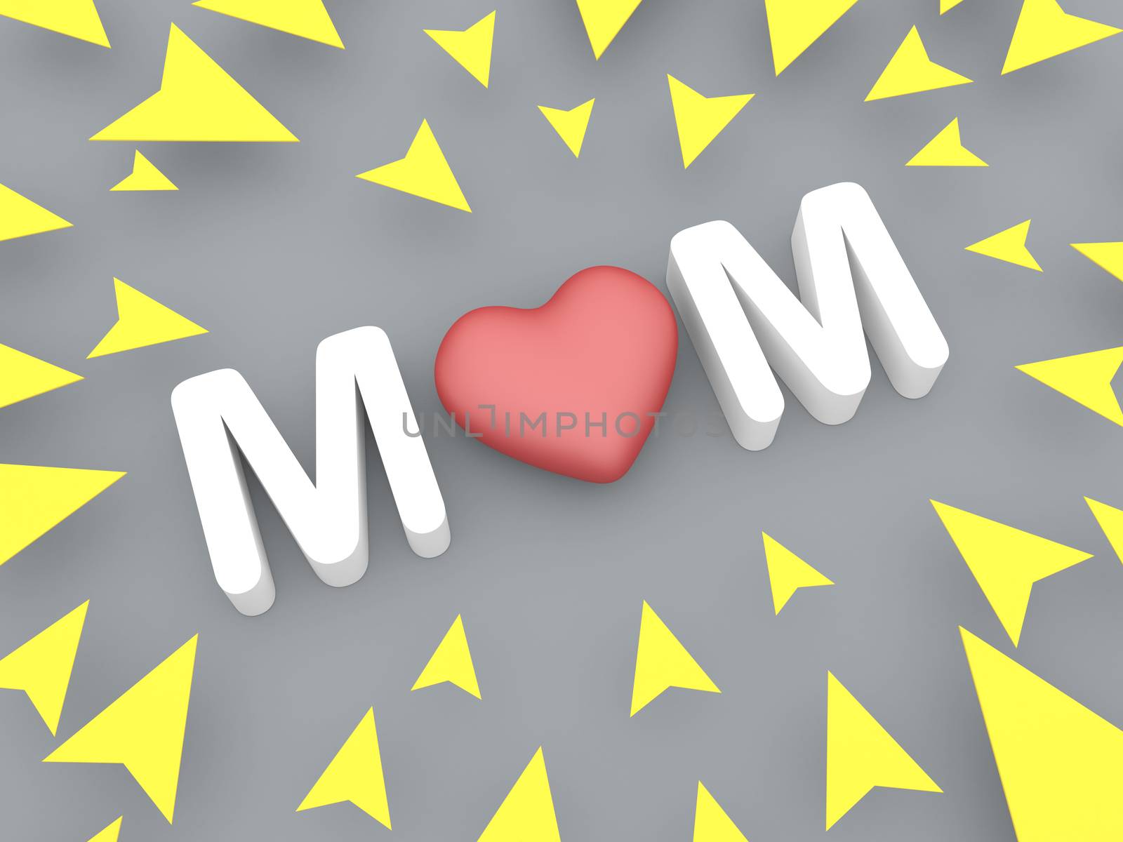mom text with red heart at center, 3d concept grey background