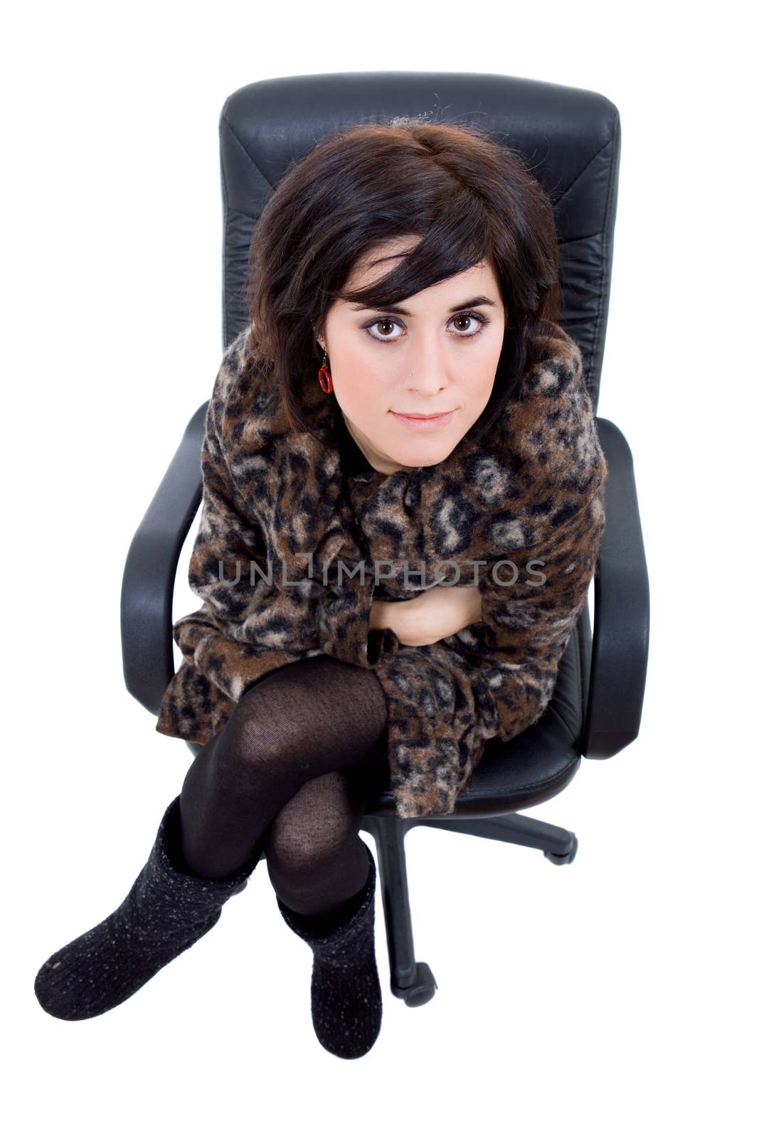 young beautiful woman on a chair, isolated in white