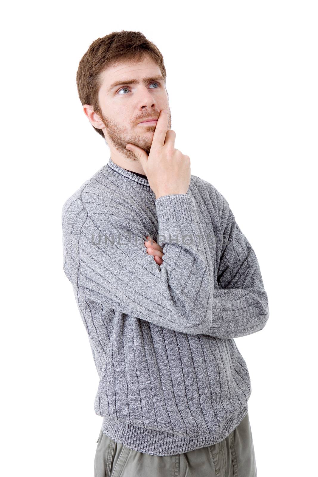 pensive young casual man portrait, isolated on white