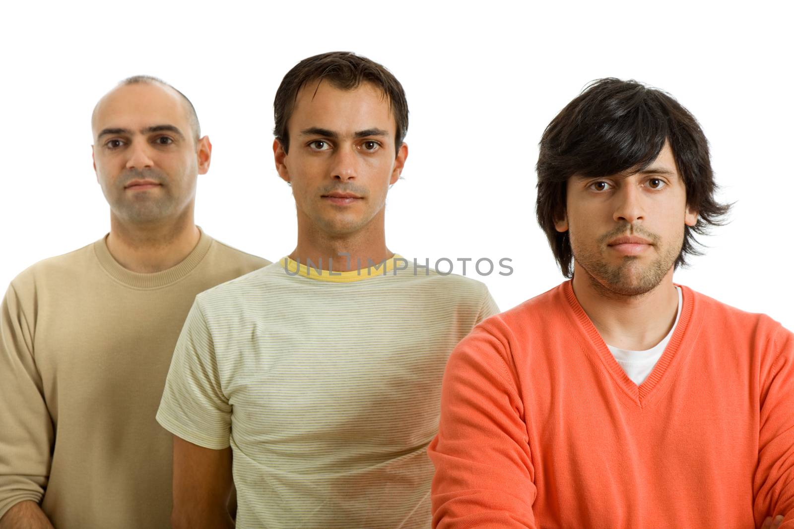 three casual men isolated on white background