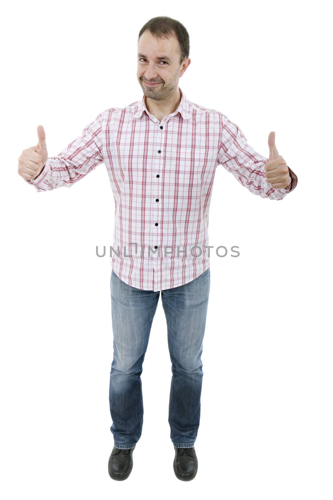 young casual man going thumb up, isolated on white