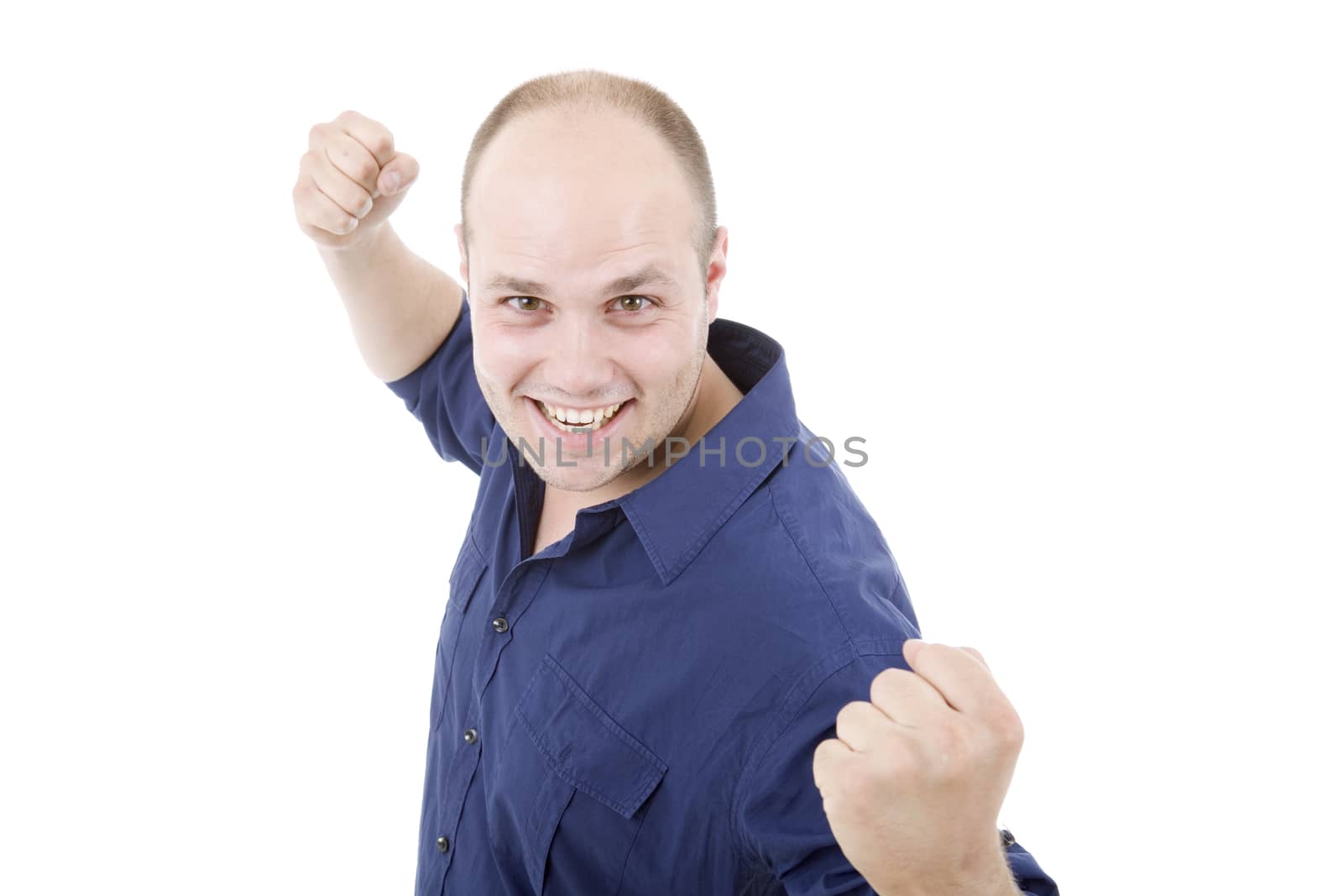 happy young man winning, isolated on white