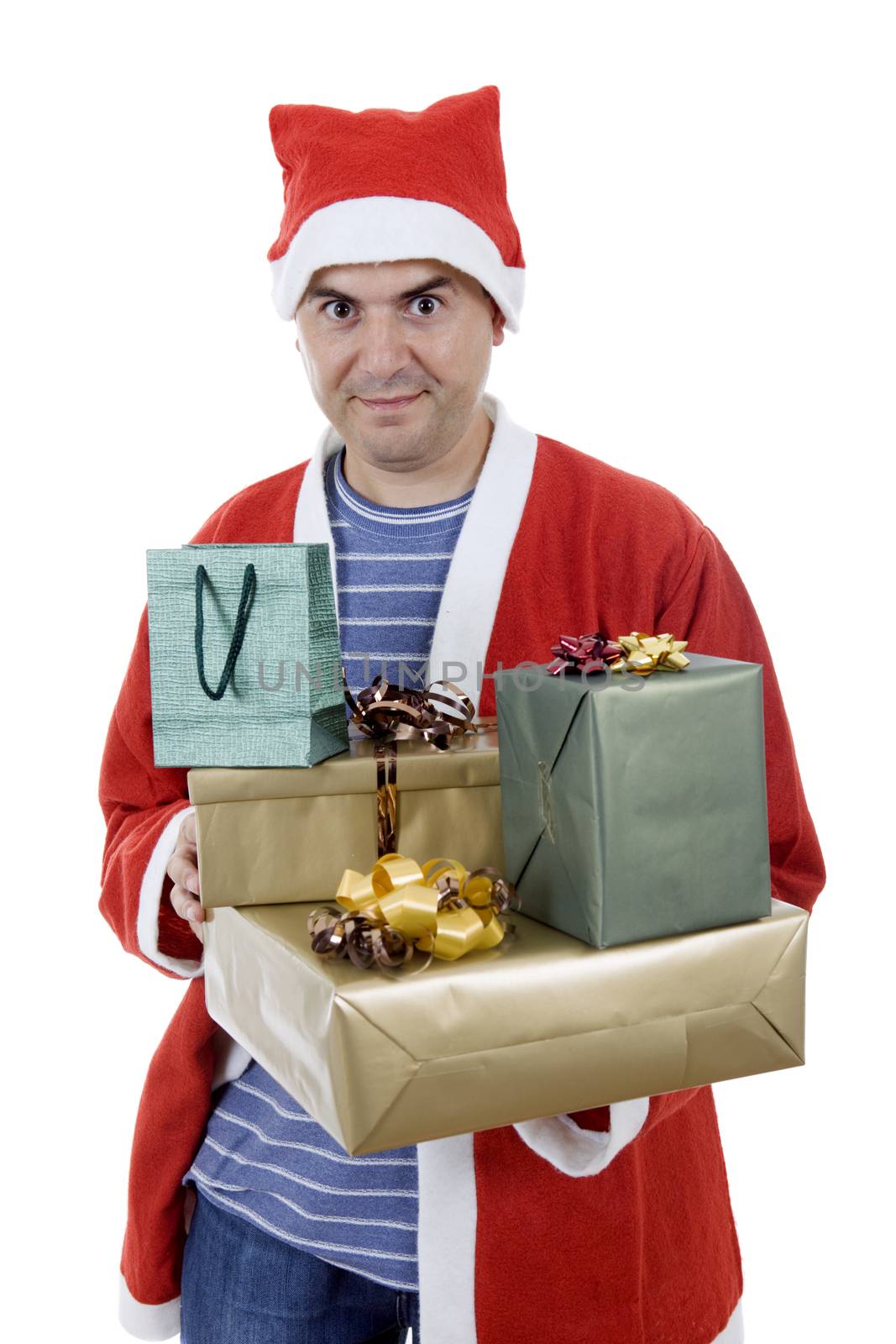 young man with santa hat holding gifts, isolated