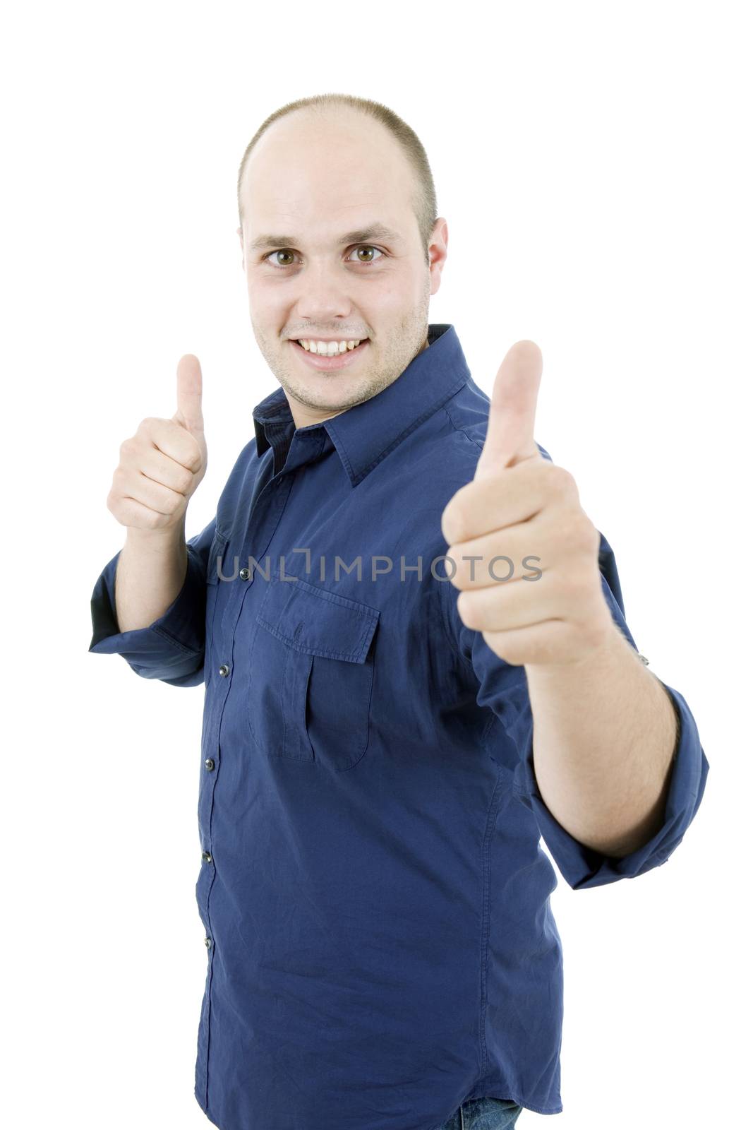 young casual man going thumb up, isolated on white