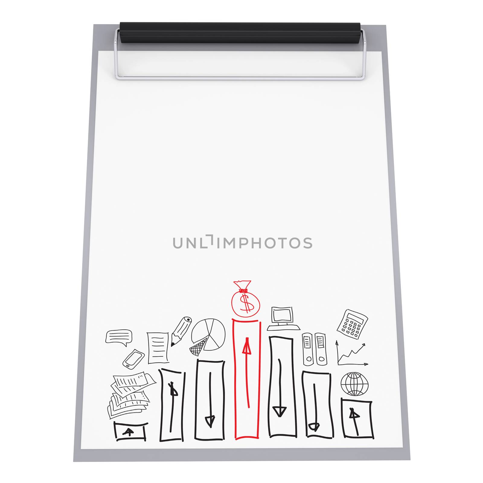 Paper holder and business sketches isolated on white background. Business concept