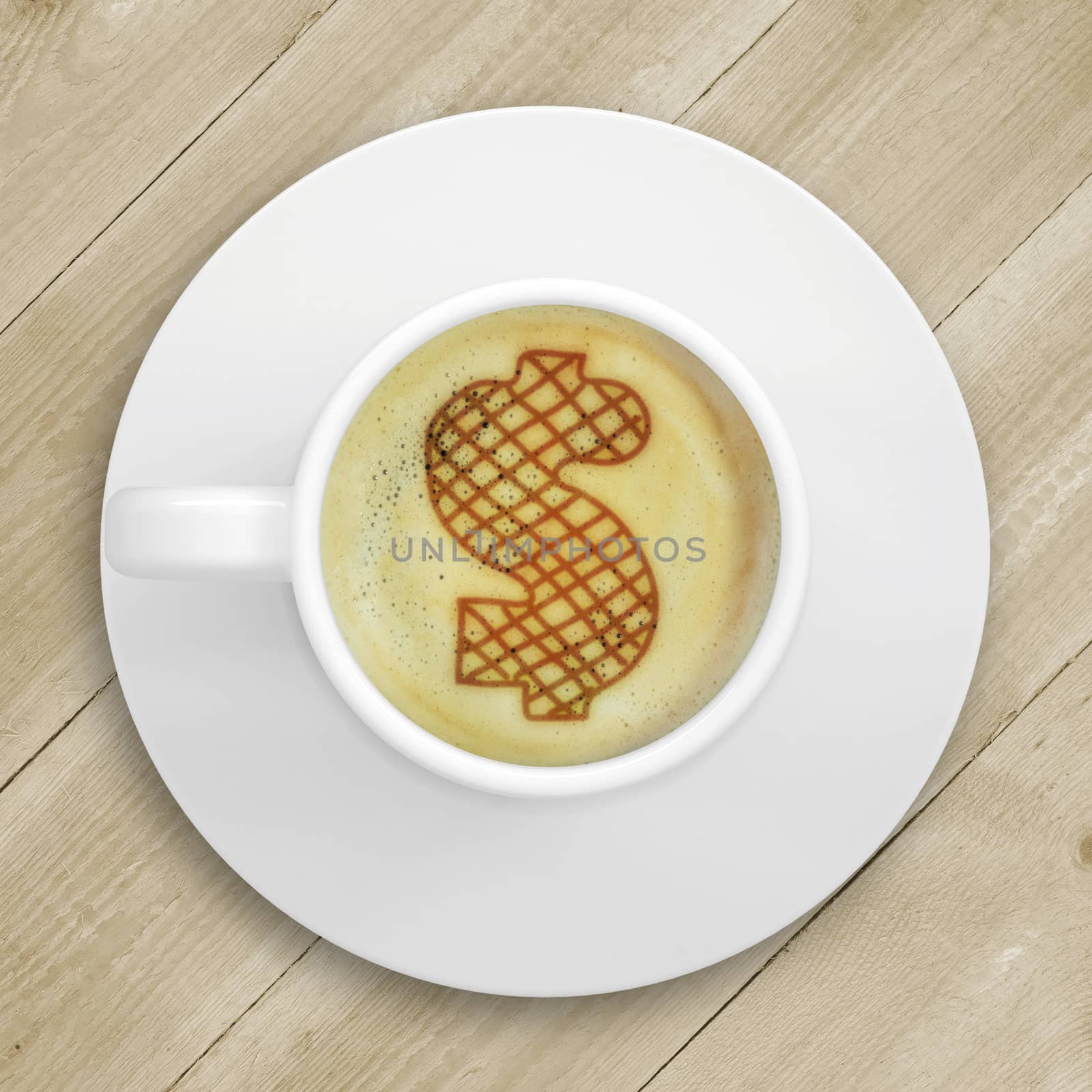 Cup of coffee standing on a wooden surface. Picture of the dollar sign in the coffee crema. top view