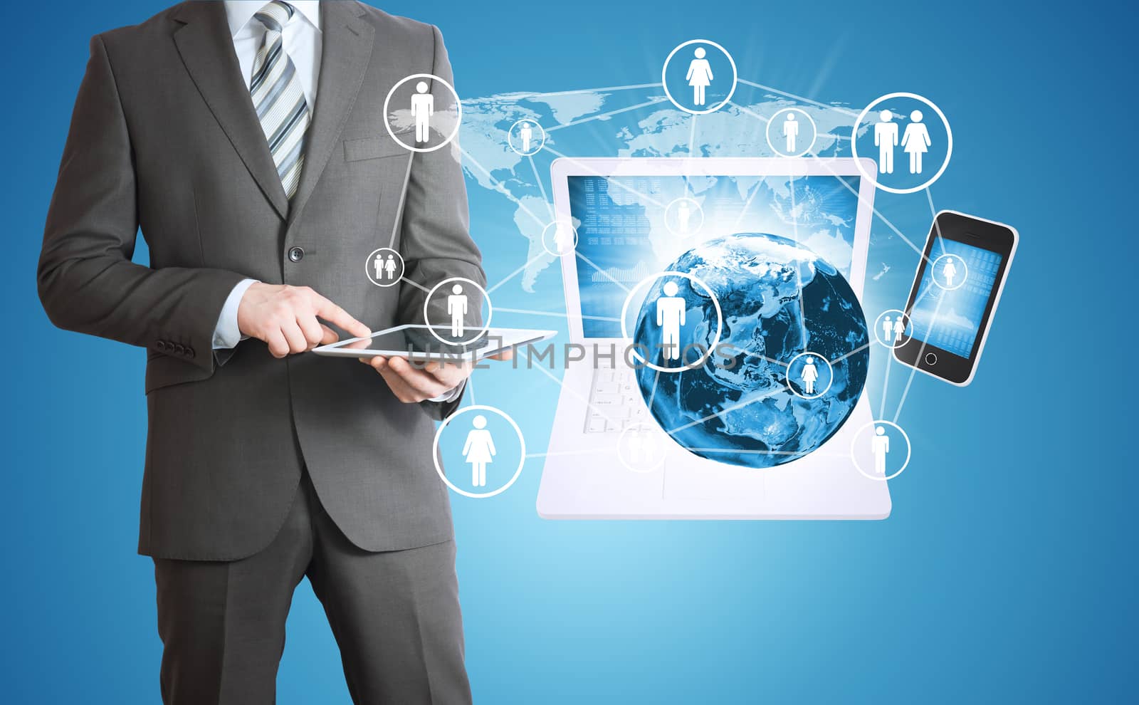 Man holding tablet. Near the earth and electronics by cherezoff