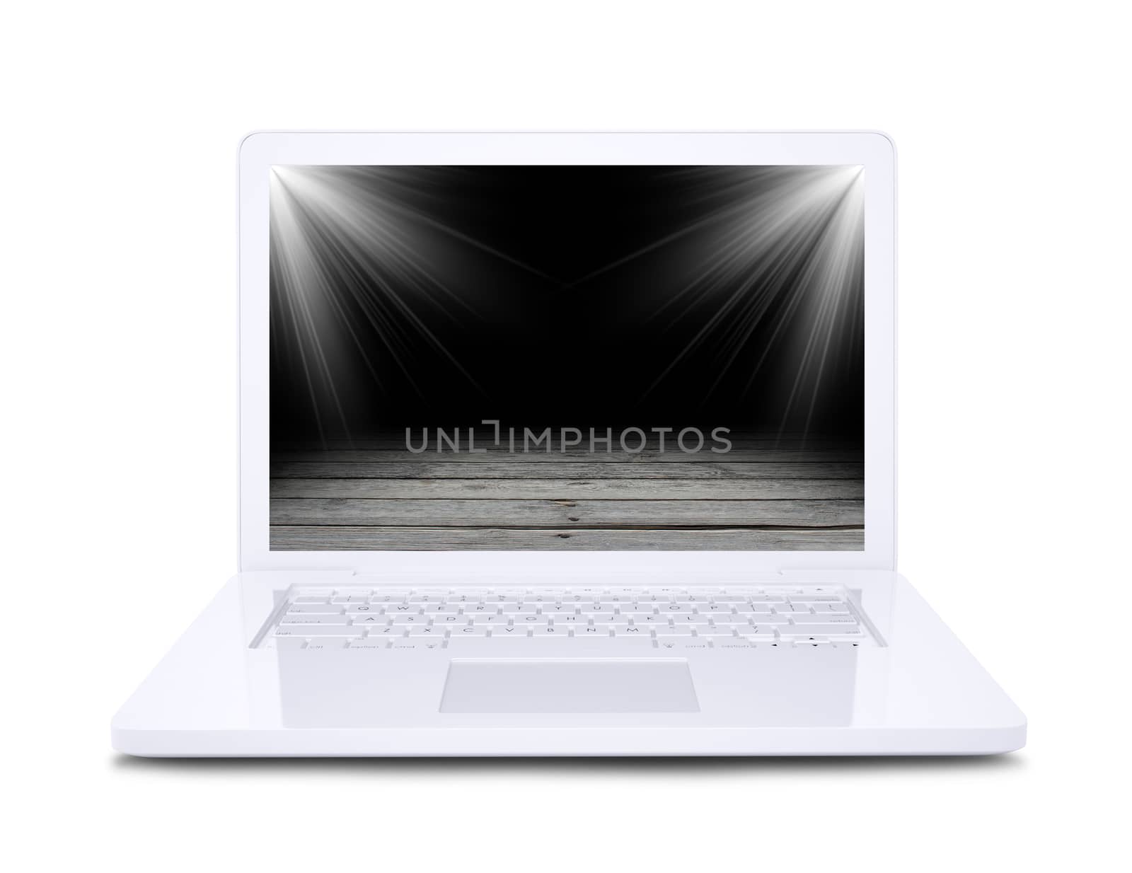 On the laptop screen shows a wooden floor floodlit. Isolated on white background