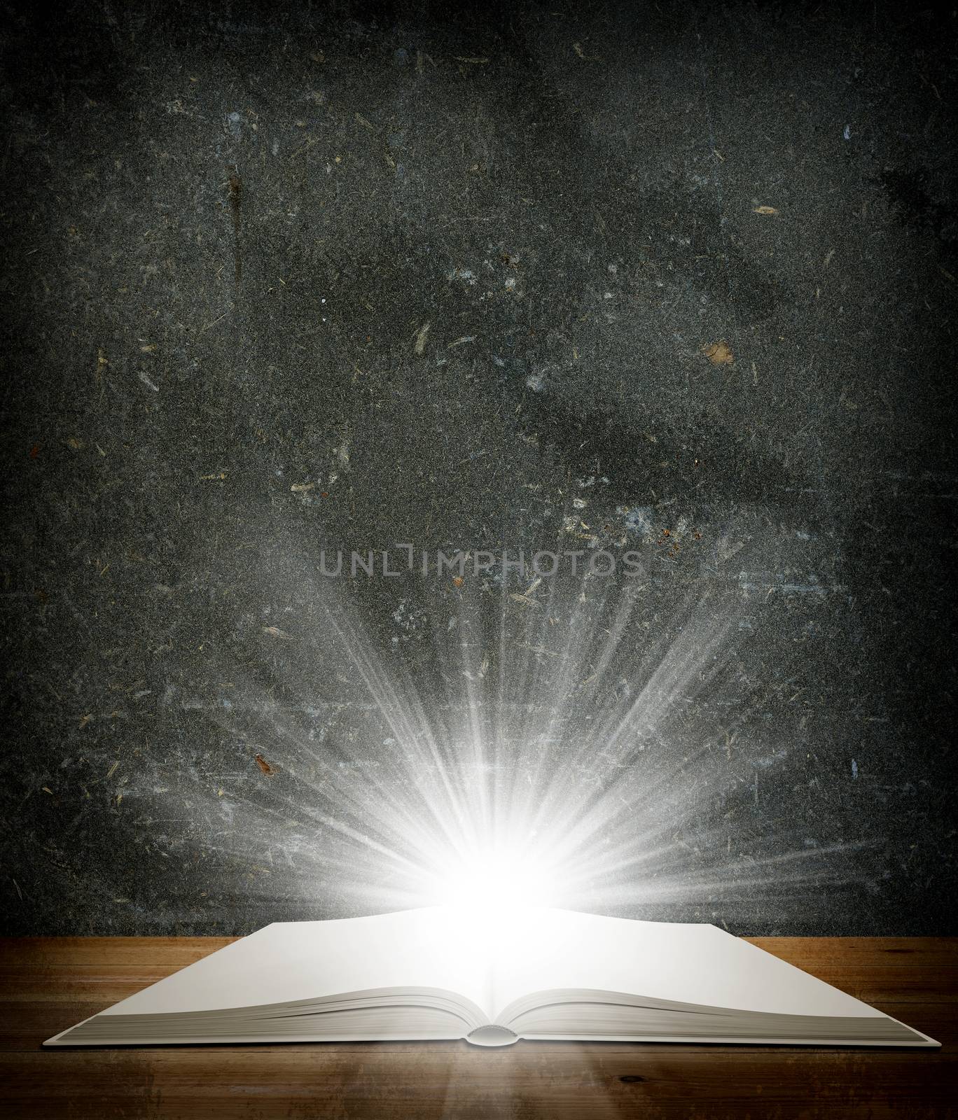 Open book lying on the floor. Floor and wall in grunge style