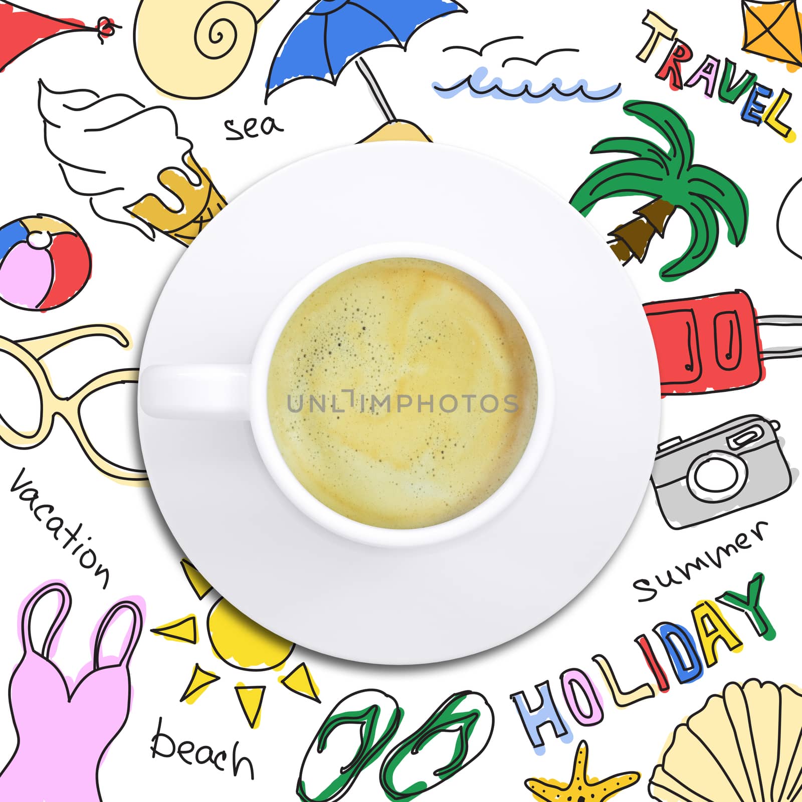 Colored summer sketches around cup of coffee by cherezoff